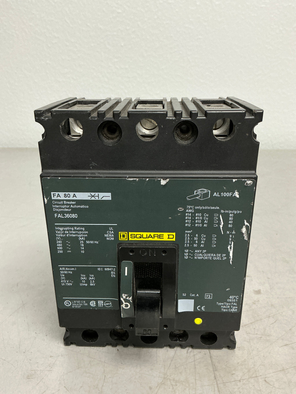 Used Square D FAL36080 3 Pole, 80 Amps Circuit Breaker