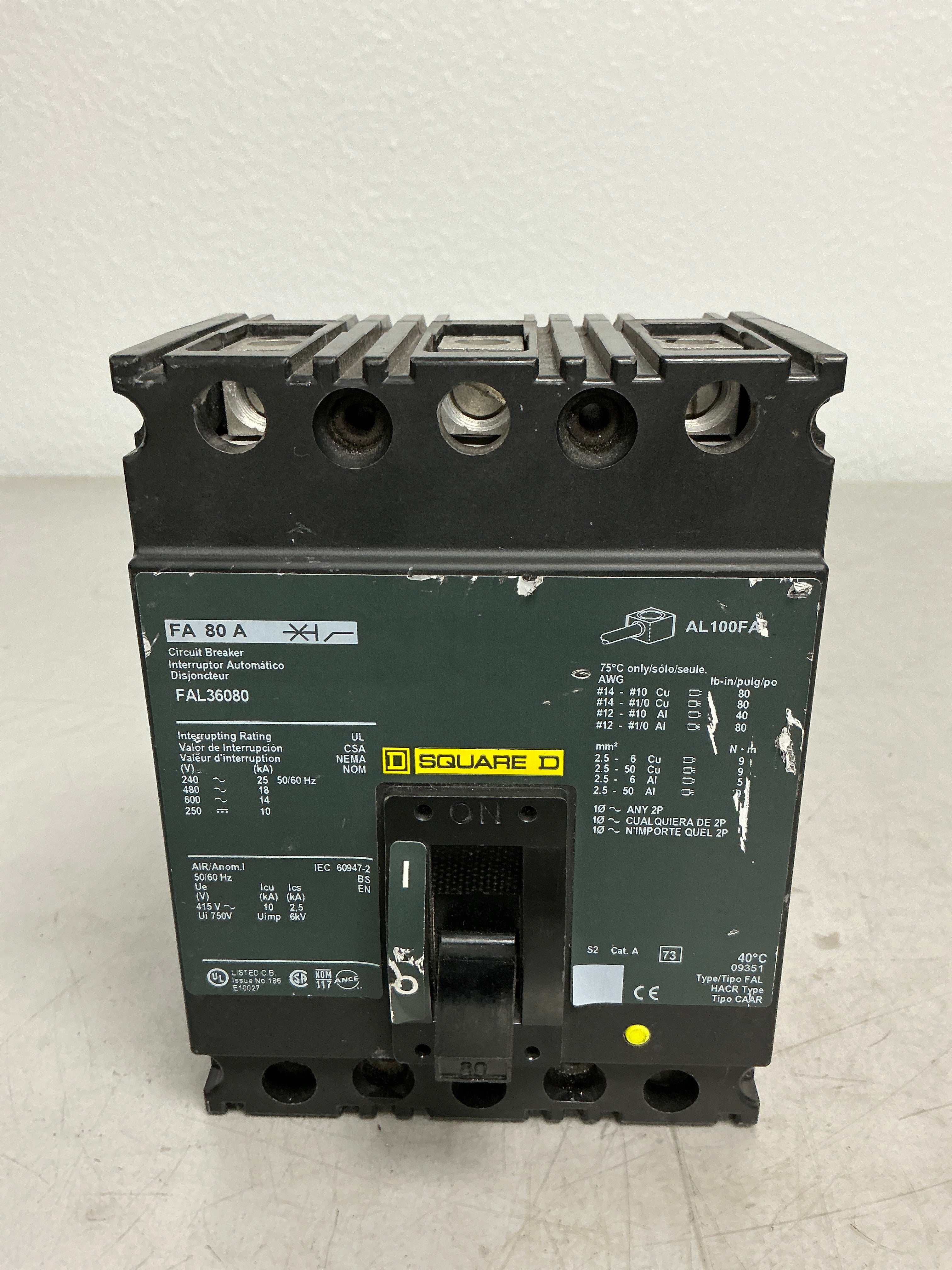 Used Square D FAL36080 3 Pole, 80 Amps Circuit Breaker