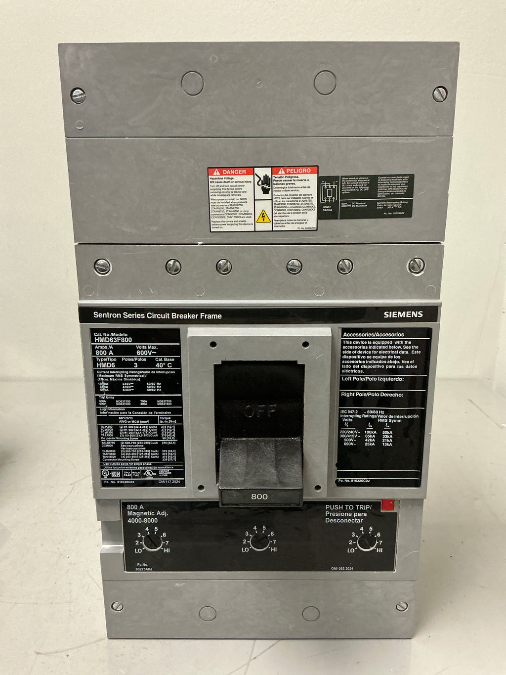 Siemens HMD63F800 3 Pole, 800 Amps, 600 Volts Circuit Breaker