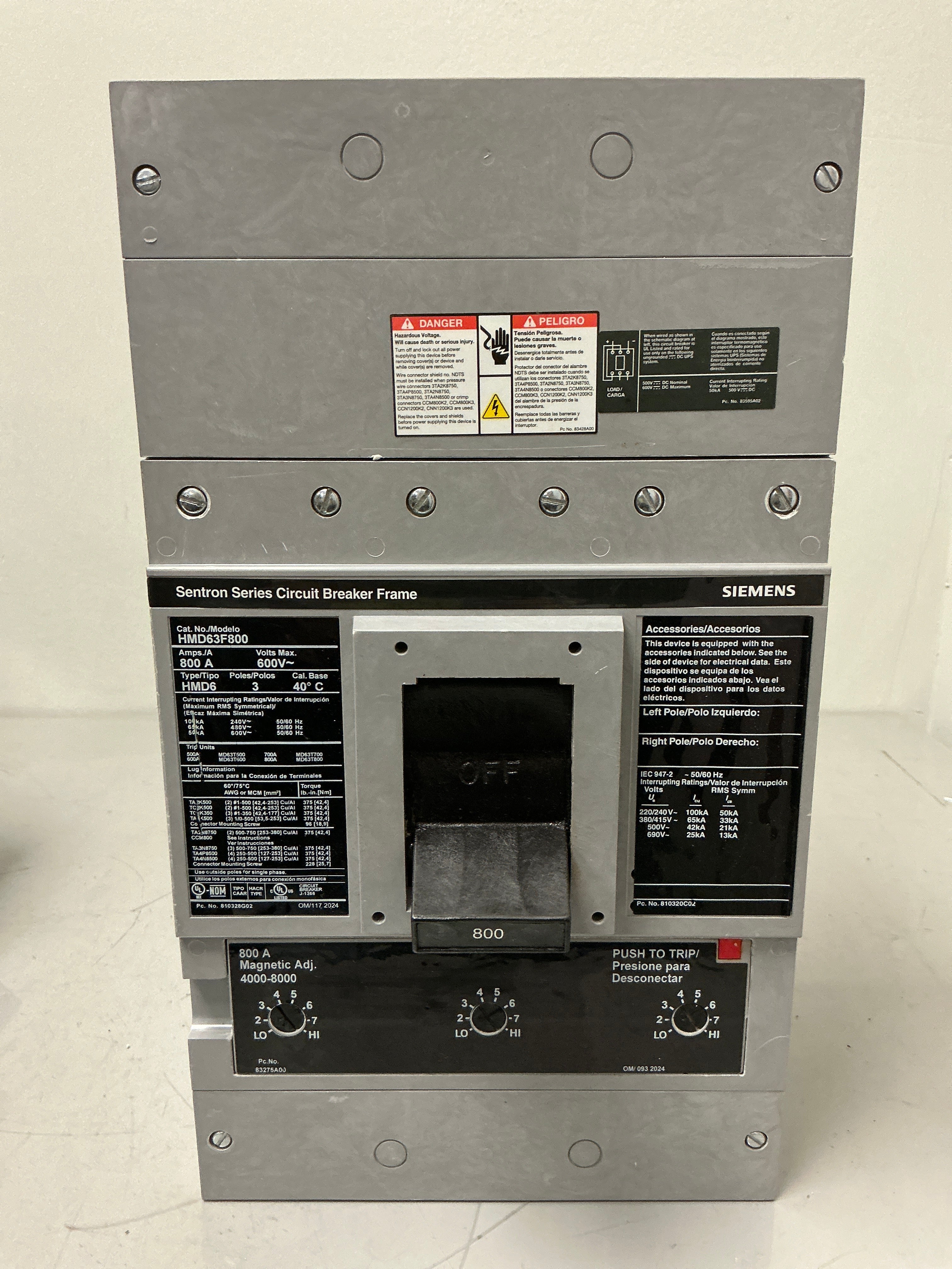 Siemens HMD63F800 3 Pole, 800 Amps, 600 Volts Circuit Breaker
