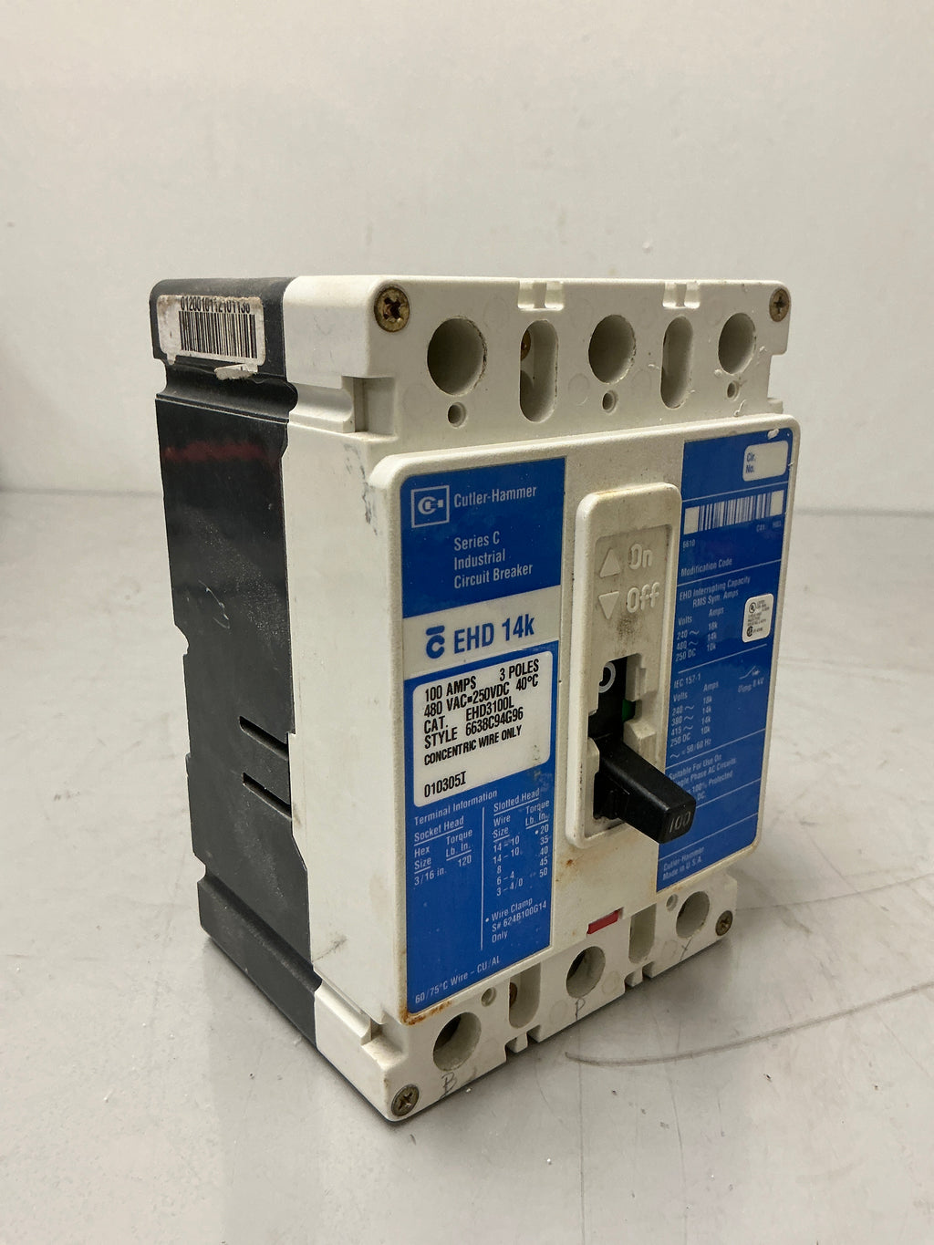 Used Cutler-Hammer EHD3100 whit Shunt trip, 3 Pole, 100 Amps, 480 Volts, Circuit Breaker