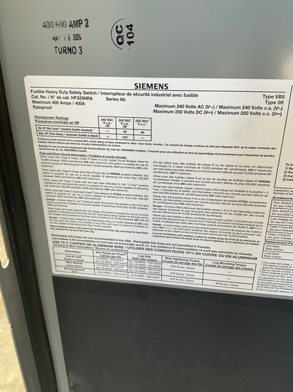 Used Siemens HF325NRA Disconnect 400 Amp 240 Volt Outdoor 3R Fusible