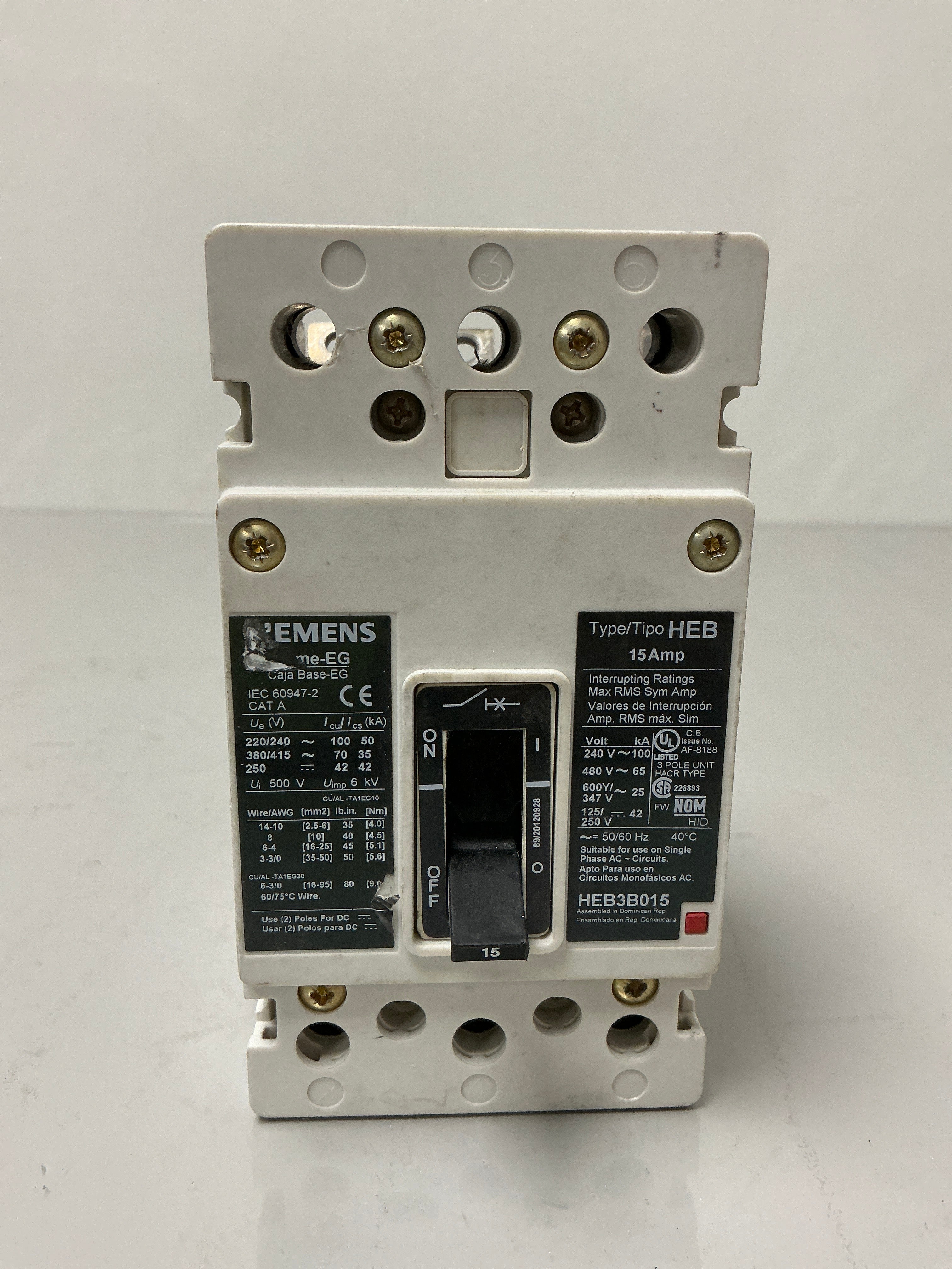 Used Siemens HEB3B015 3 Pole, 15 Amps, 480 Volts Circuit Breaker
