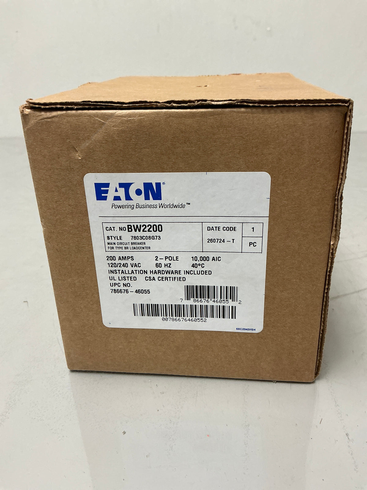 New Eaton BW2200 2 Pole, 200 Amps, 240 Volts Circuit Breaker