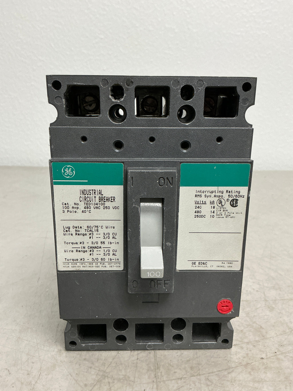 *CHIPPED* Used TED134100 3 Pole, 100 Amps, 480 Volts Circuit Breaker