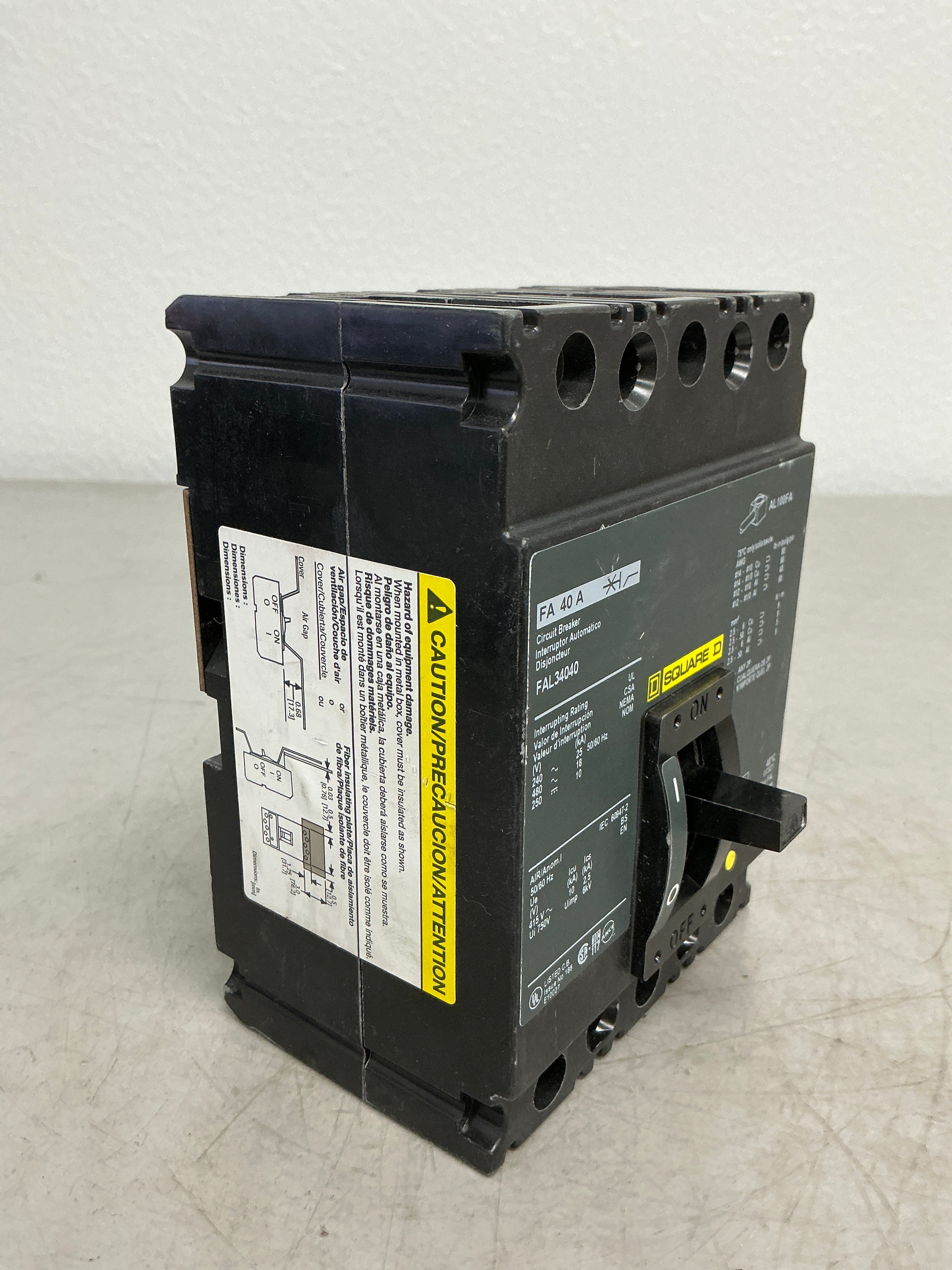 Used Square D FAL34040 3 Pole, 40 Amps, 480 Volts Circuit Breaker