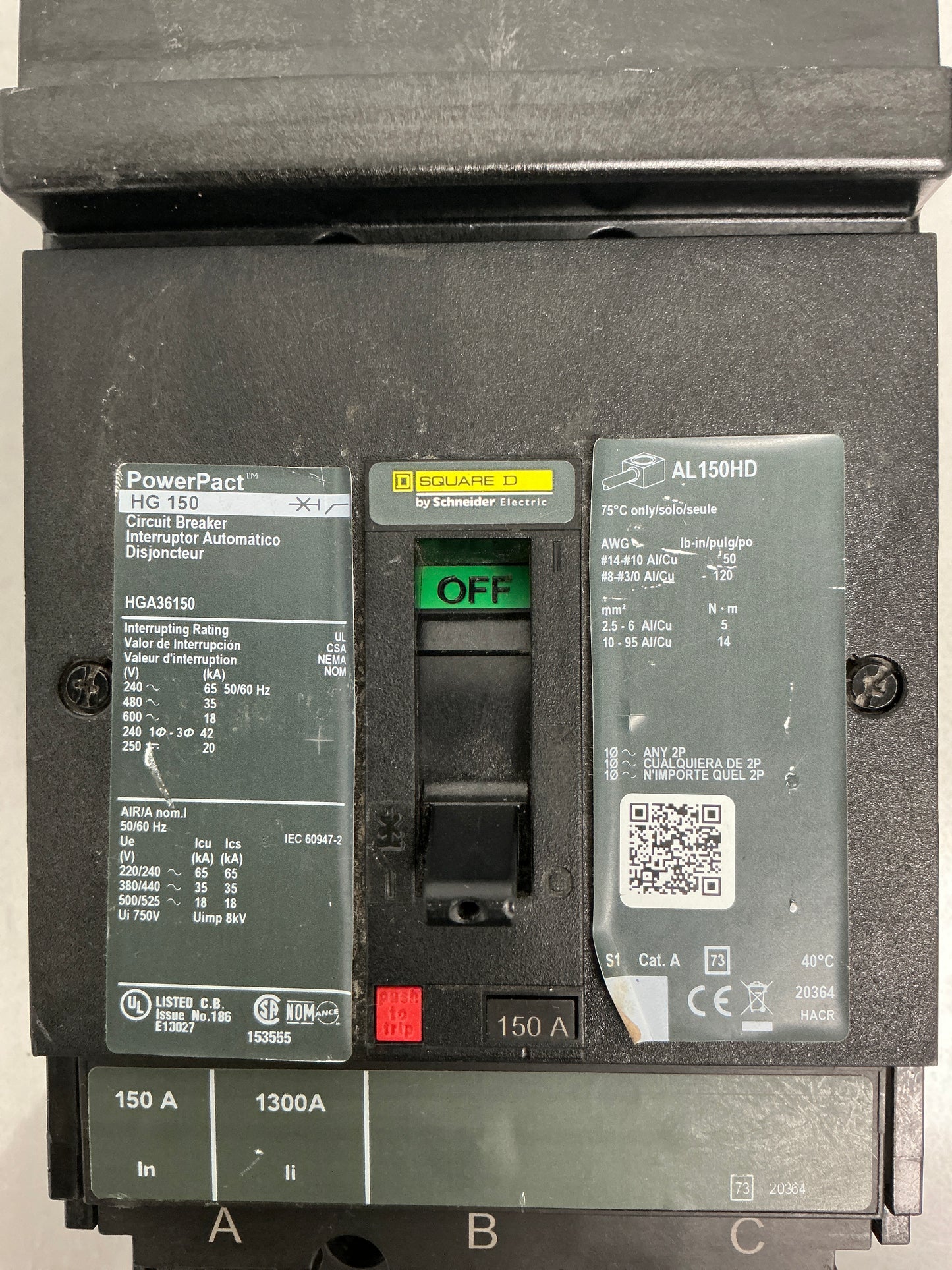 Used Square D HGA36150 3 Pole, 150 Amps, 600 Volts