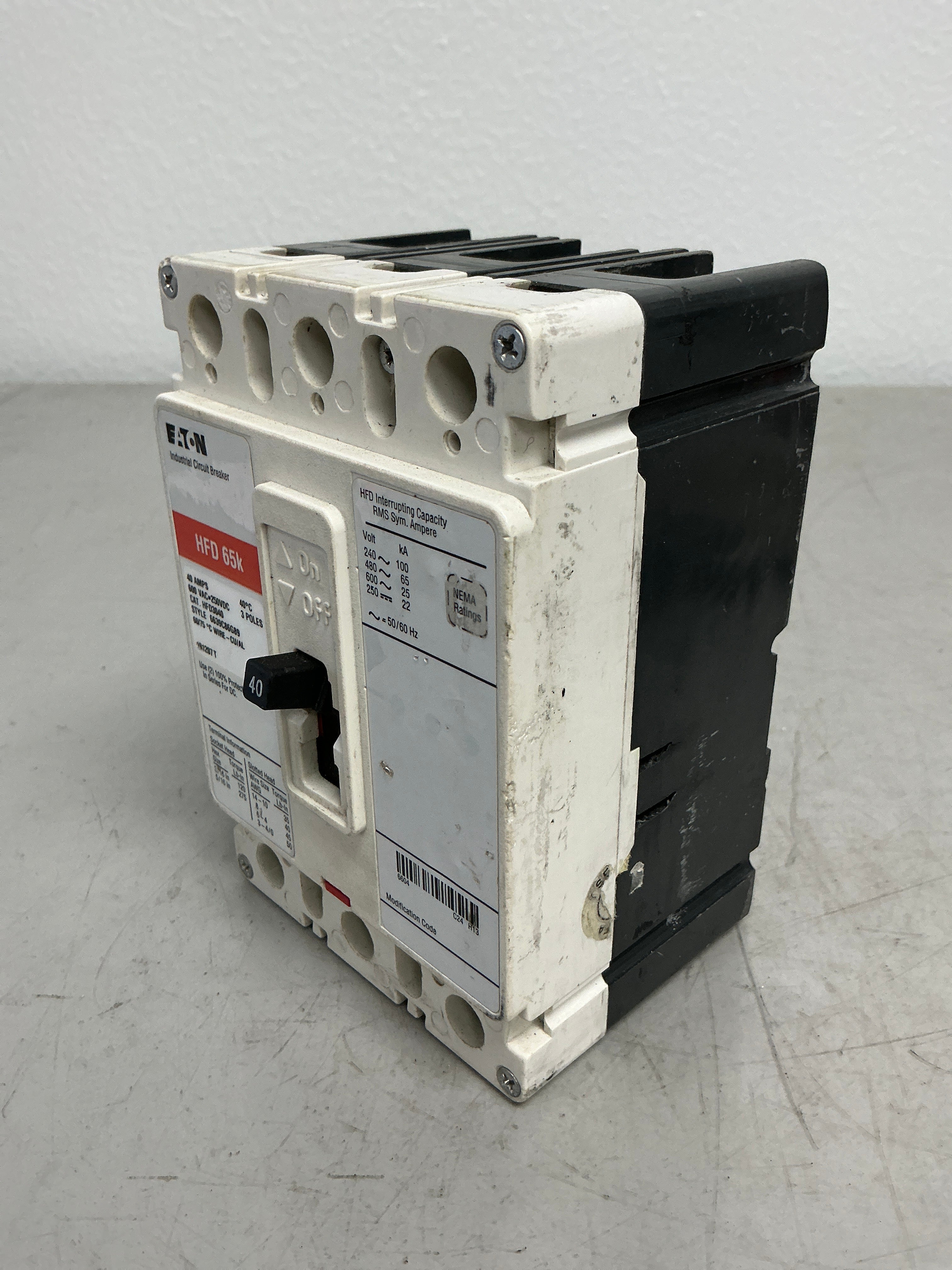 Used Eaton HFD3040 3 Poles, 40 Amps, 600 Volts