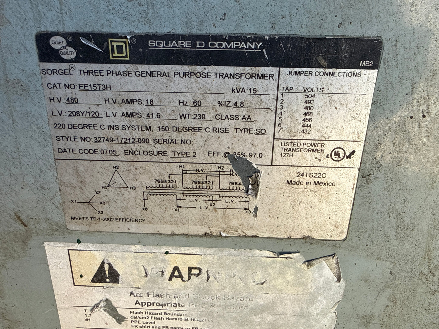 15 KVA Transformer, Primary 480, Seconday 208/120 Volts (item#t1)