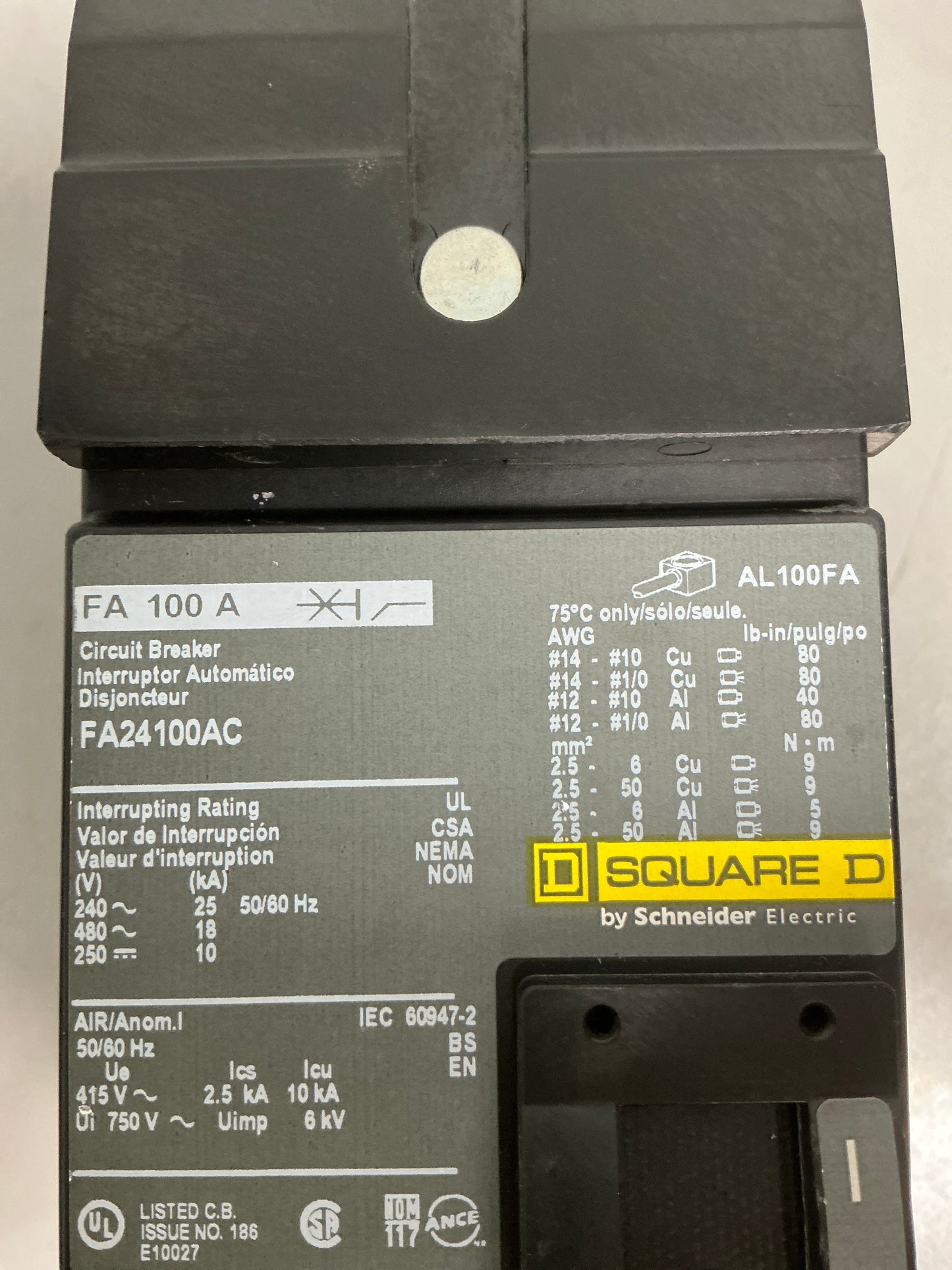 Used Square D FA24100AC 100 Amps, 480 Volts, 2 Pole