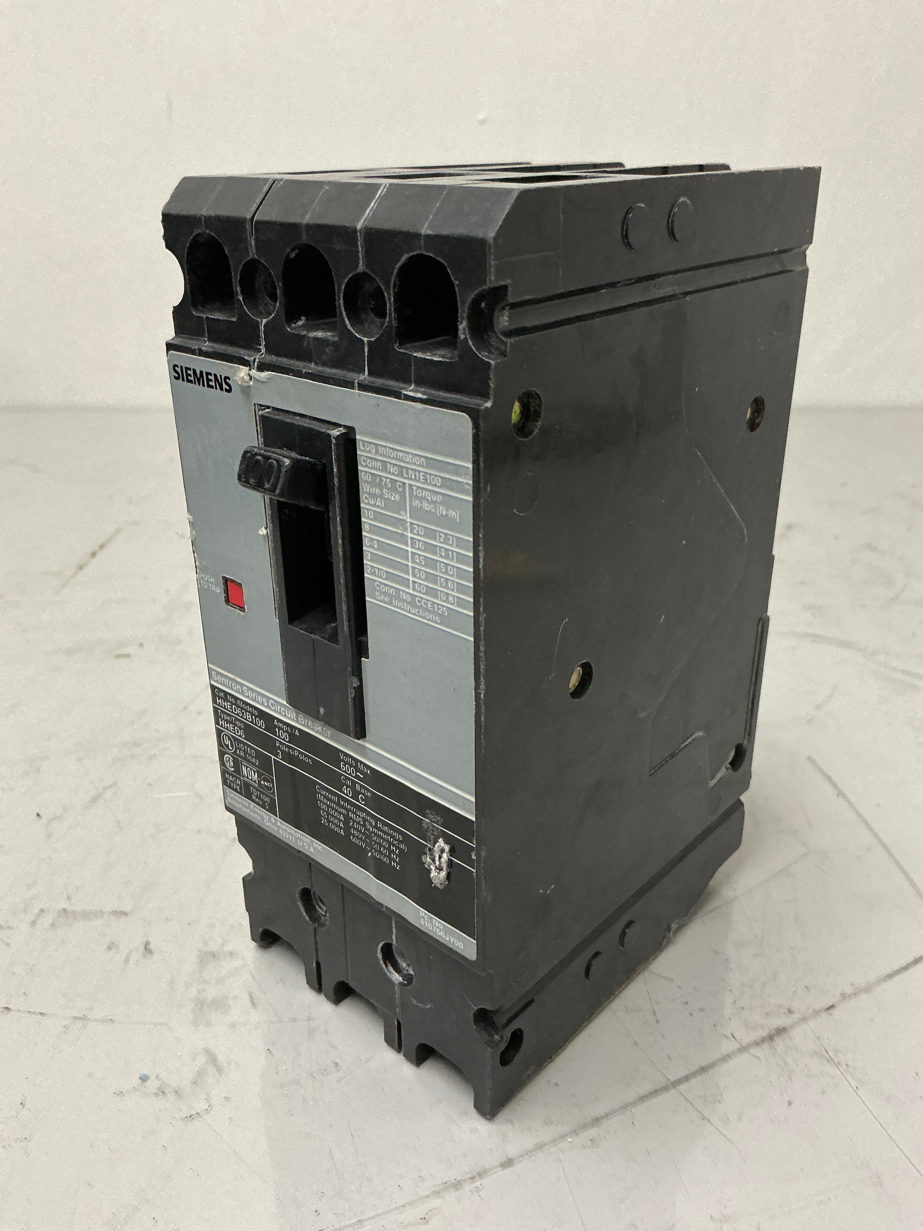 Used Siemens HHED63B100 3 Pole, 100 Amps, 600 Volts Circuit Breaker