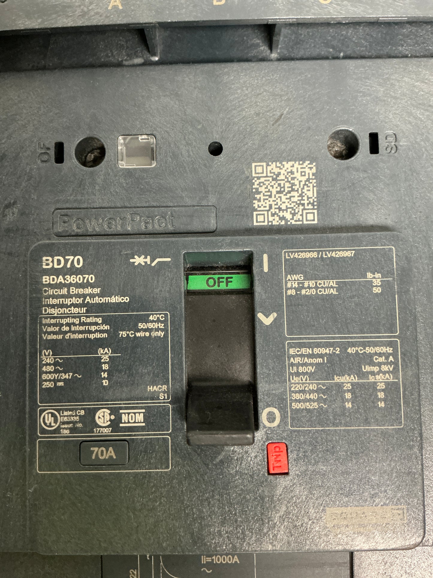 New Square D BDA36070 3 Pole, 600 Volts, 70 Amps