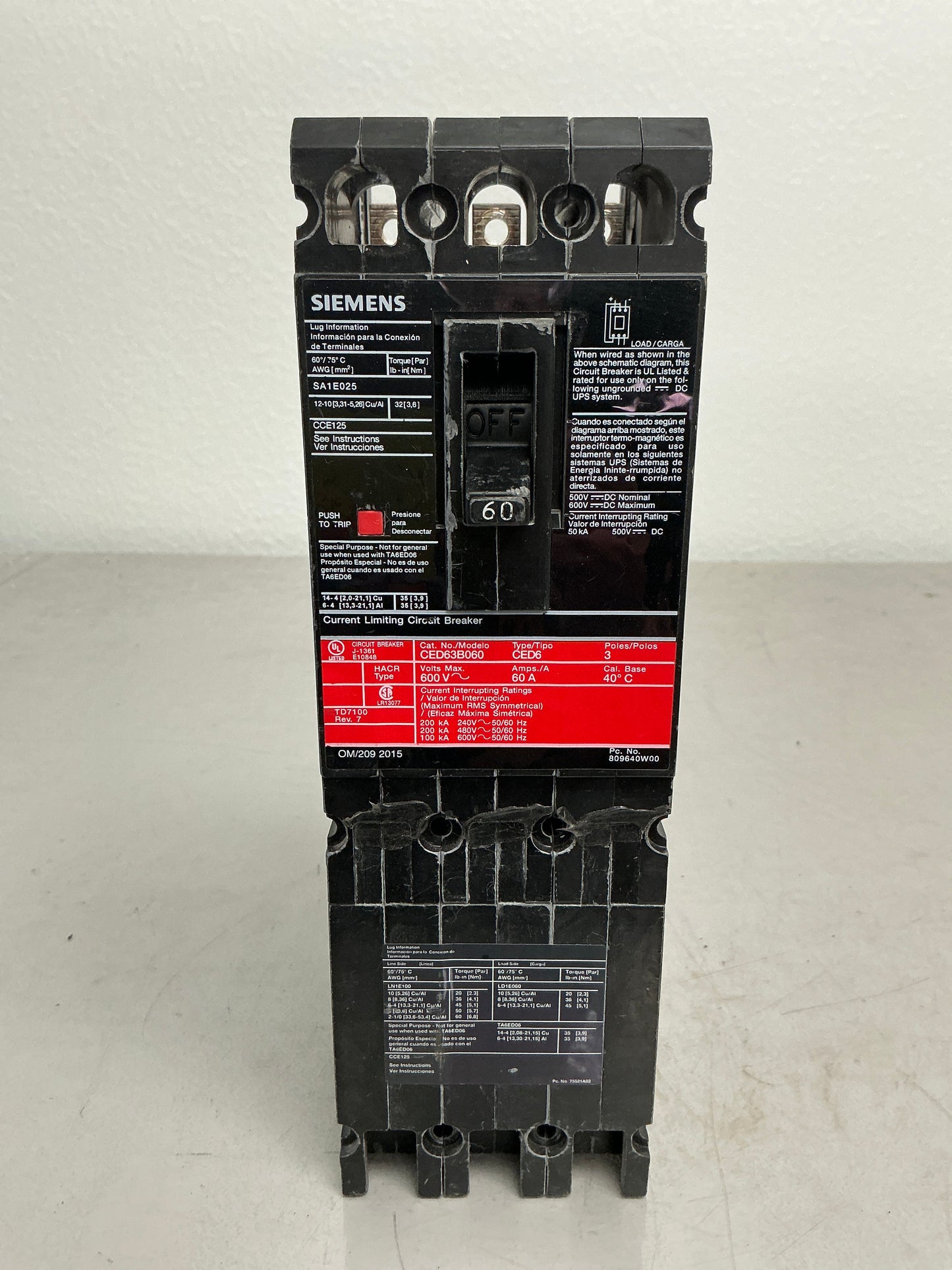 Used Siemens CED63B060 3 Pole, 60 Amps, 600 Volts