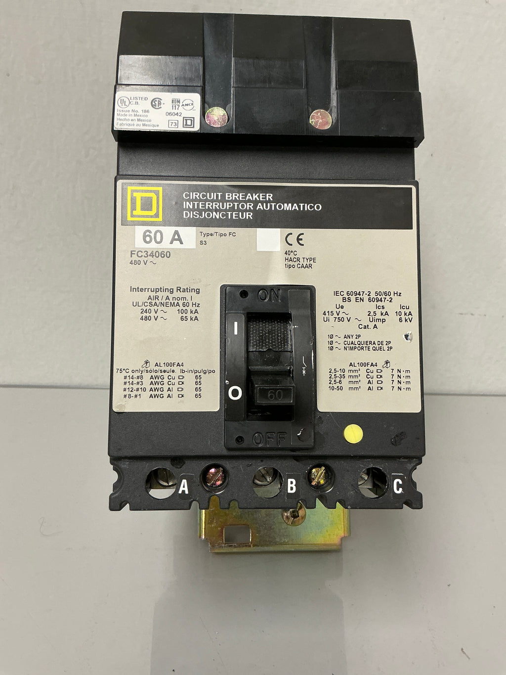 Used Square D FA34060 3 Pole, 60 Amps, 600 Volts Circuit Breaker