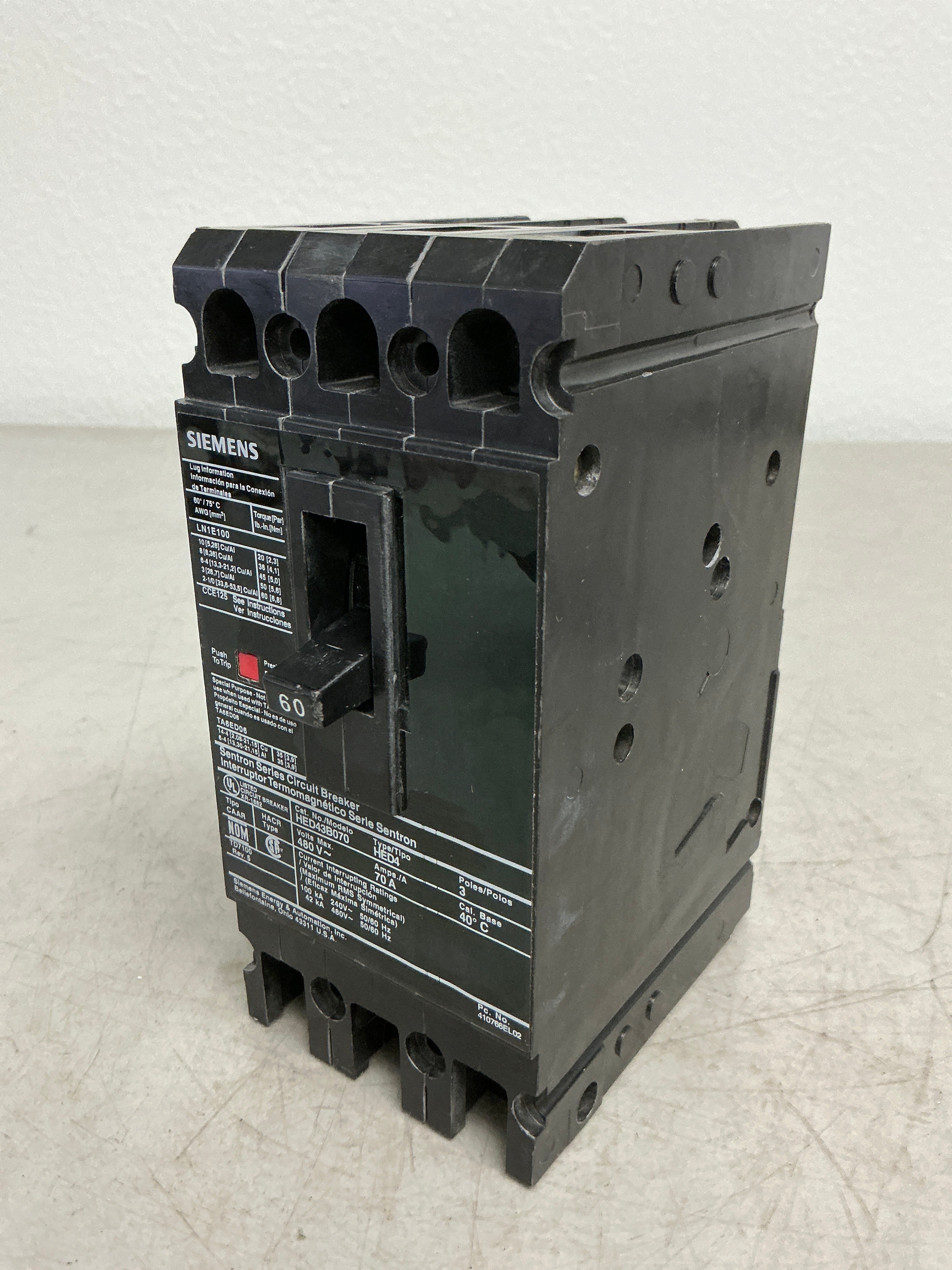 Used Siemens HED43B060 3 Pole, 60 Amps, Circuit Breaker