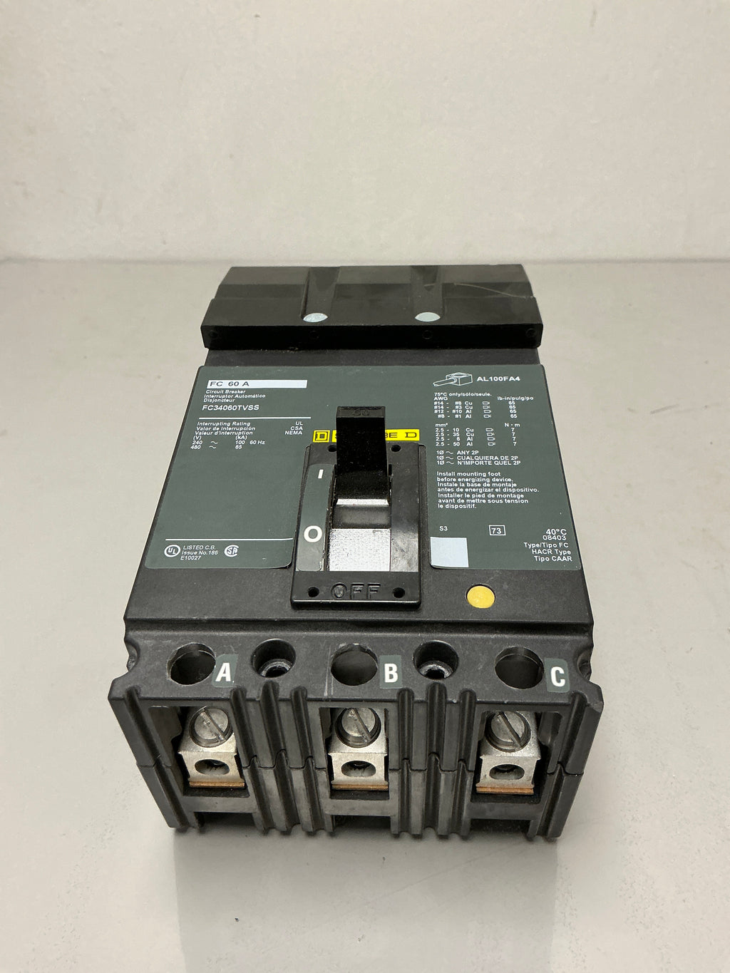 Used Square D FC34060TVSS 3 Pole, 60 Amps, 480 Volts Circuit Breaker
