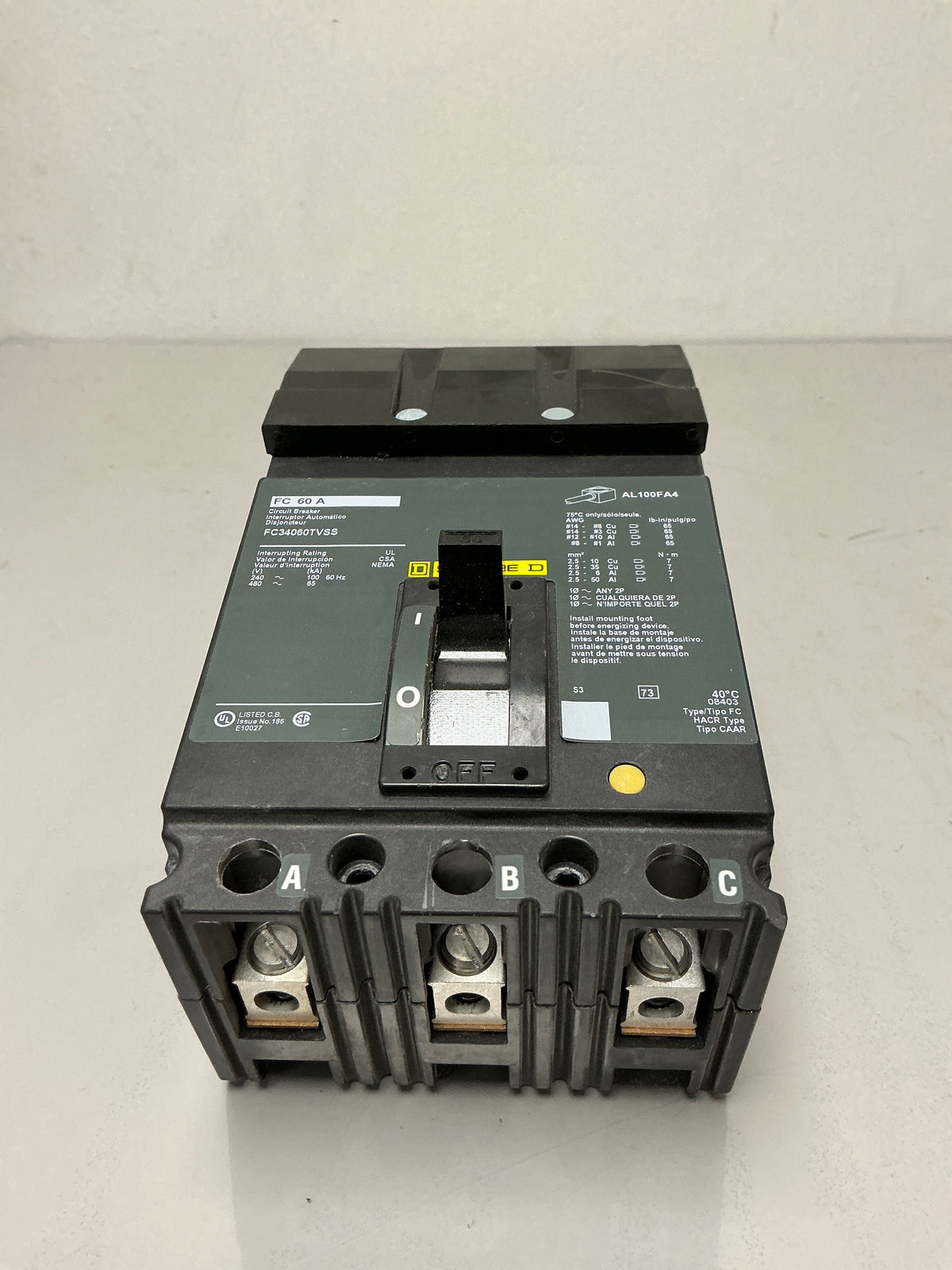 Used Square D FC34060TVSS 3 Pole, 60 Amps, 480 Volts Circuit Breaker