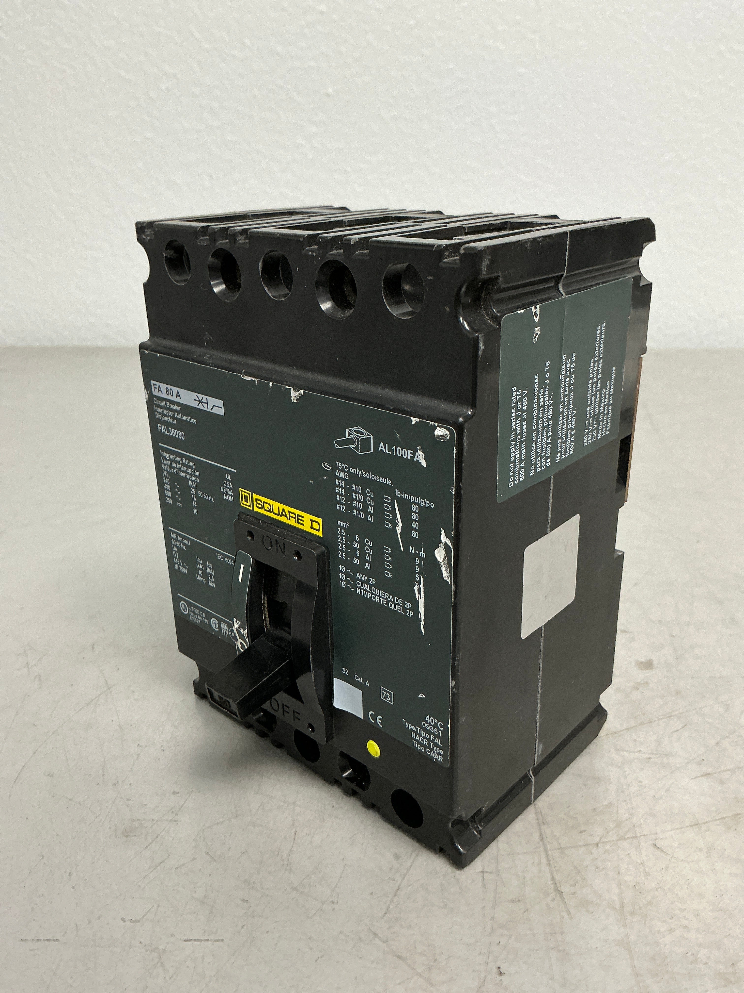 Used Square D FAL36080 3 Pole, 80 Amps Circuit Breaker