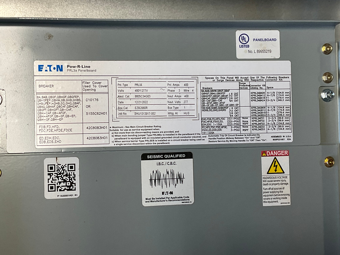 New Eaton Panelboard 400 Amp Main Breaker 480Y/277 Volt MDP 12 Circuit (item#p20)