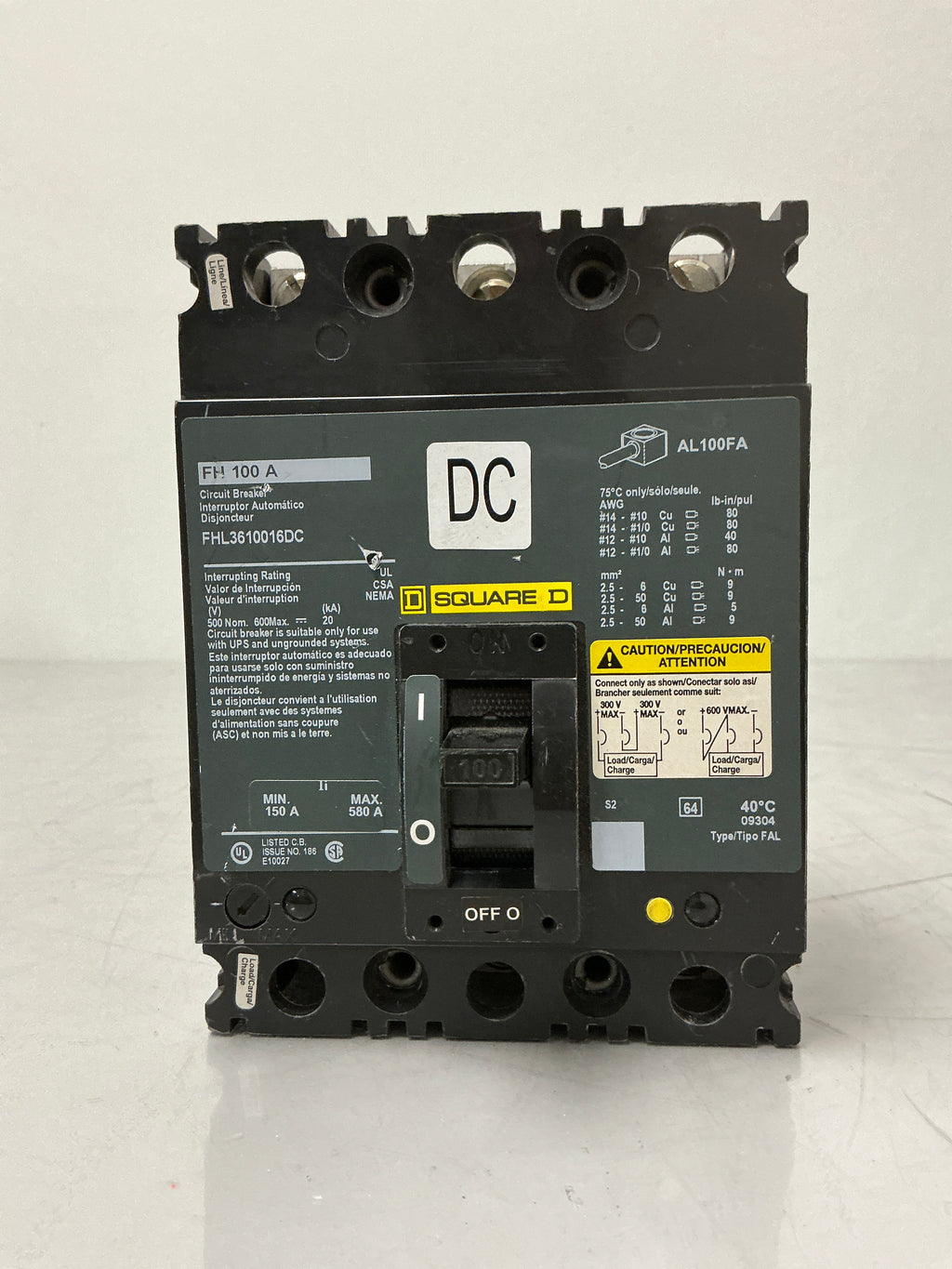 Used Square D FHL3610016DC 3 Pole, 100 Amps, 600 Volts Circuit Breaker