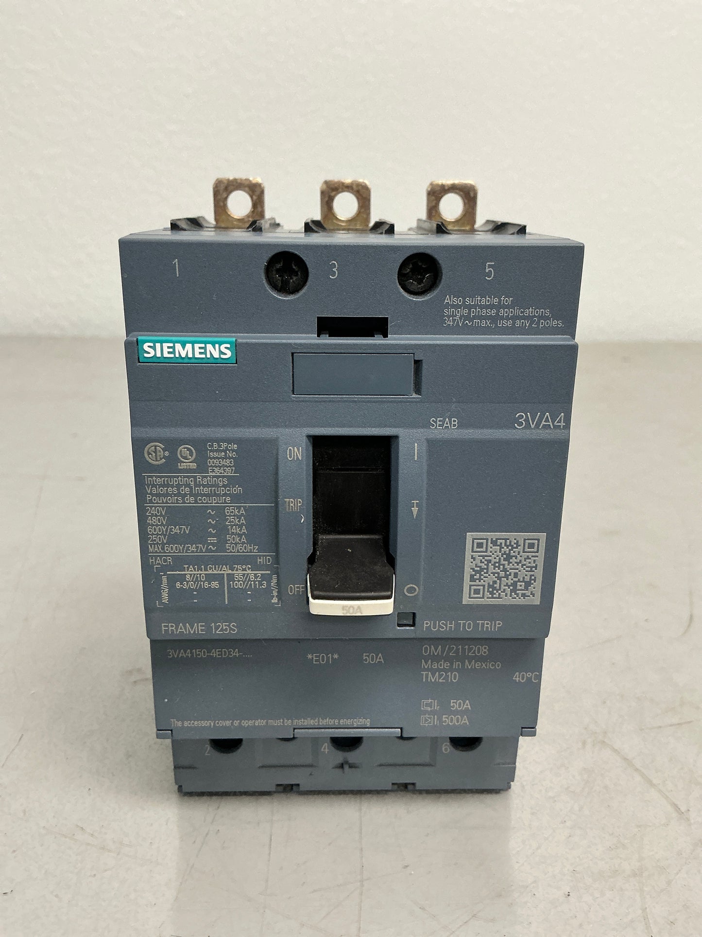 Used Siemens 3VA4150-4ED34-0AA0 50 Amps, 600 Volts, 3 Pole Circuit Breaker