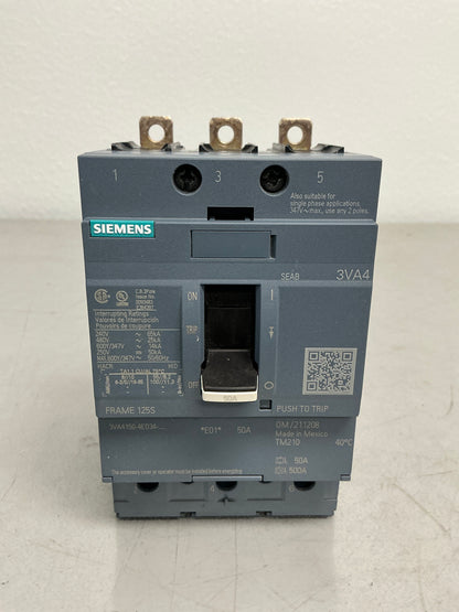 Used Siemens 3VA4150-4ED34-0AA0 50 Amps, 600 Volts, 3 Pole Circuit Breaker