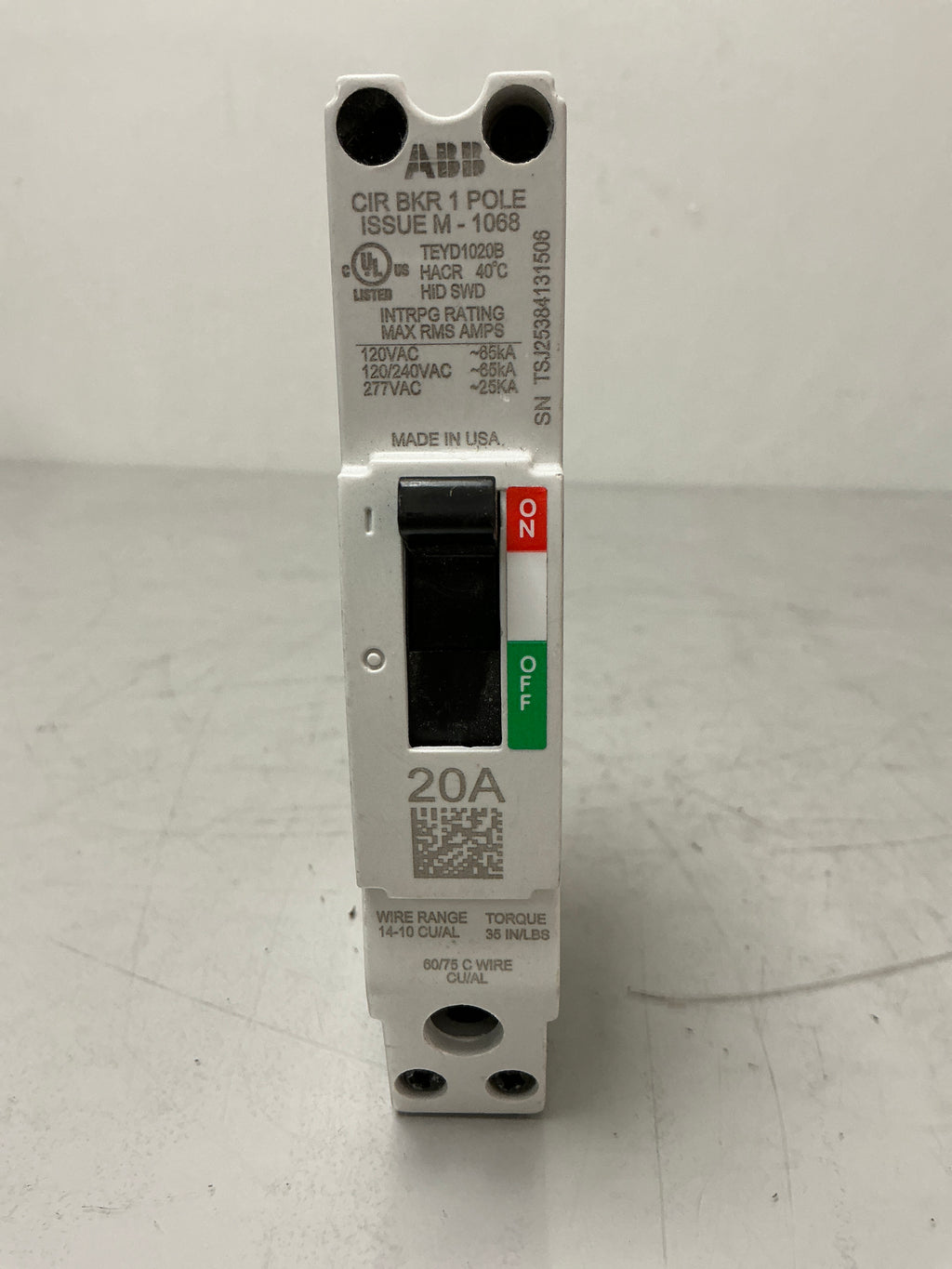 Used ABB TEYD1020B 1 Pole, 20 Amps, 240 Volts Circuit Breaker