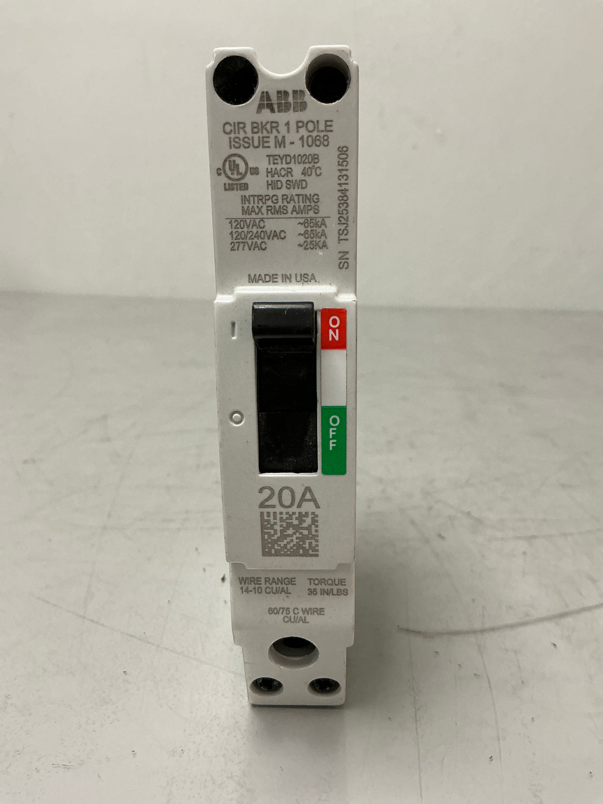Used ABB TEYD1020B 1 Pole, 20 Amps, 240 Volts Circuit Breaker