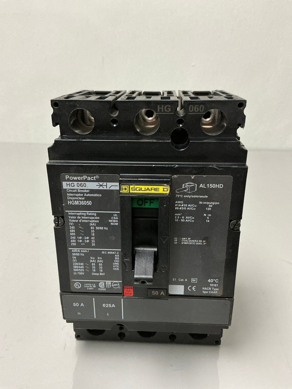 Used Square D HGM36050 3 Pole, 50 Amps, 600 Volts Circuit Breaker