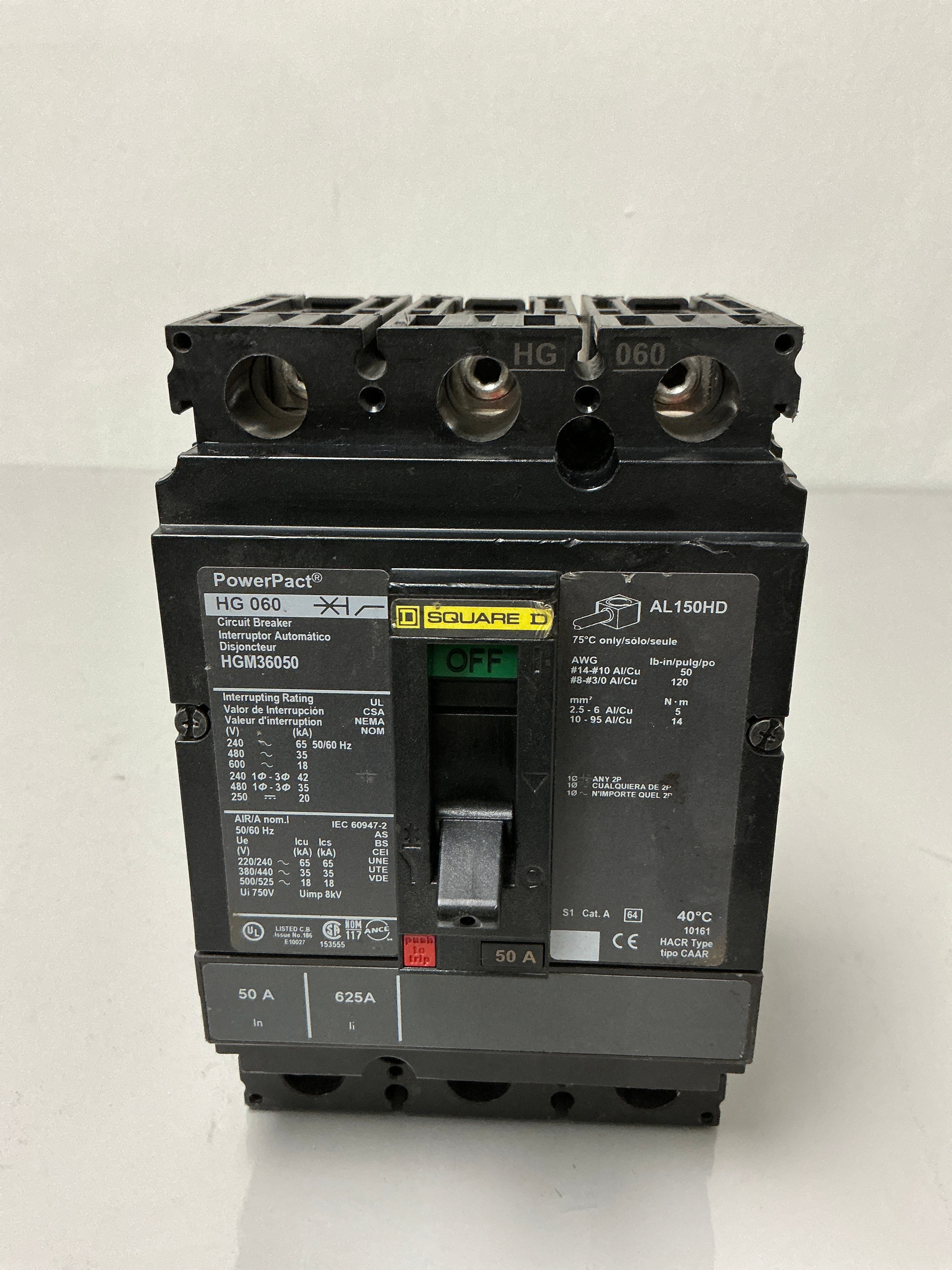 Used Square D HGM36050 3 Pole, 50 Amps, 600 Volts Circuit Breaker