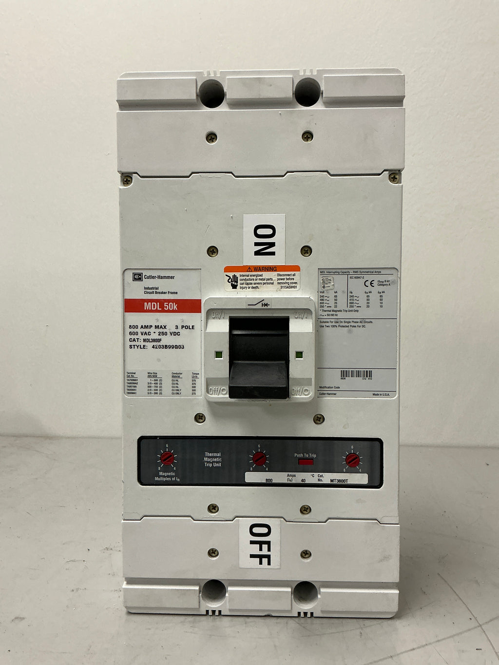 Used Cutler-Hammer MDL3800F 3 Pole, 800 Amps, 600 Volts, Circuit Breaker