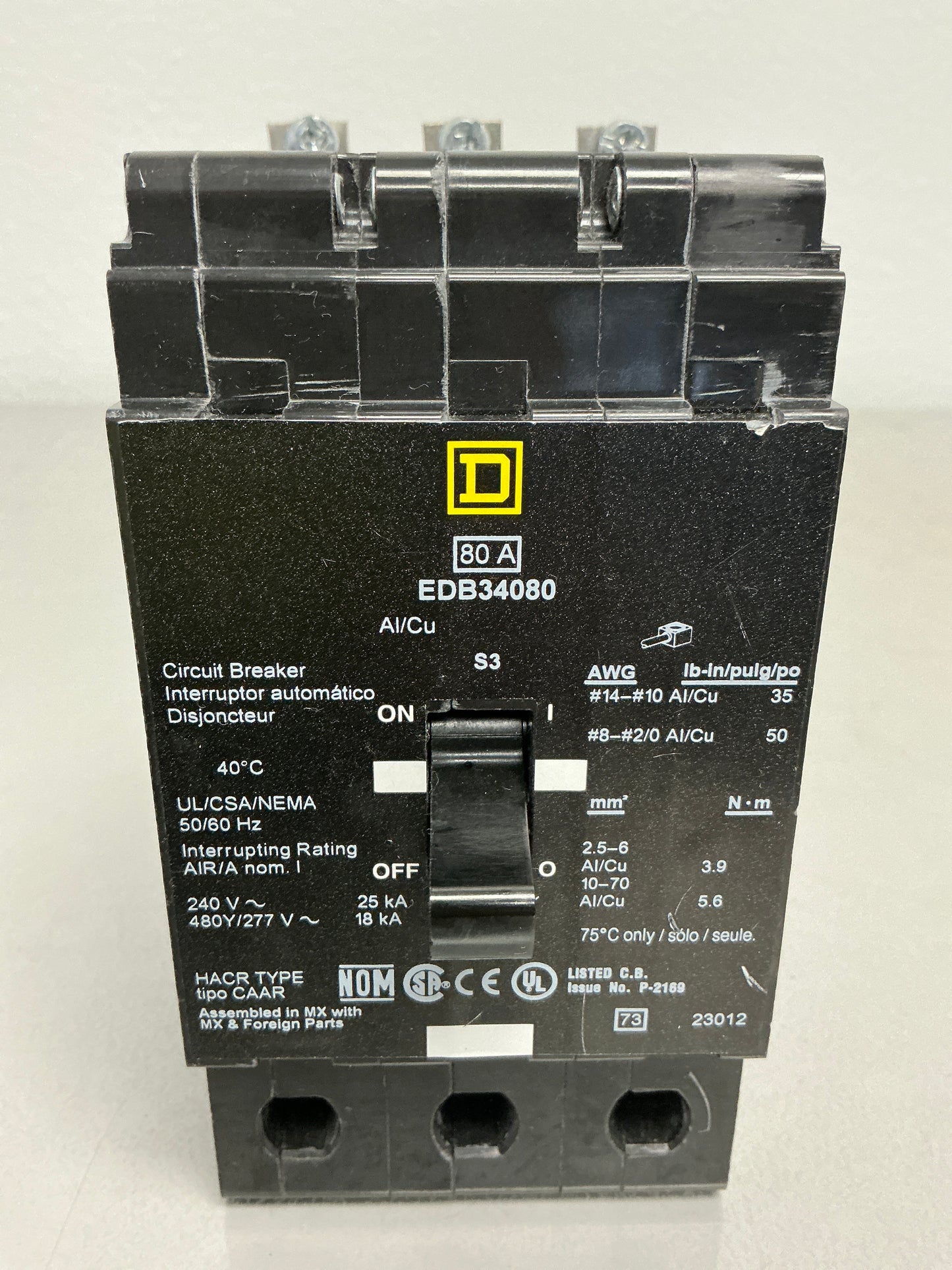 Used Square D EDB34080 3 Pole, 80 Amps, 480/277 Volts