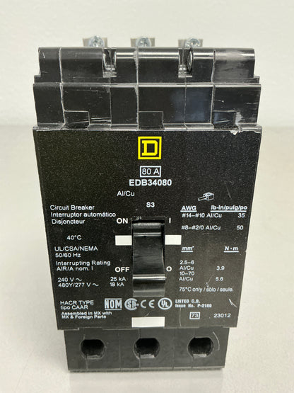 Used Square D EDB34080 3 Pole, 80 Amps, 480/277 Volts