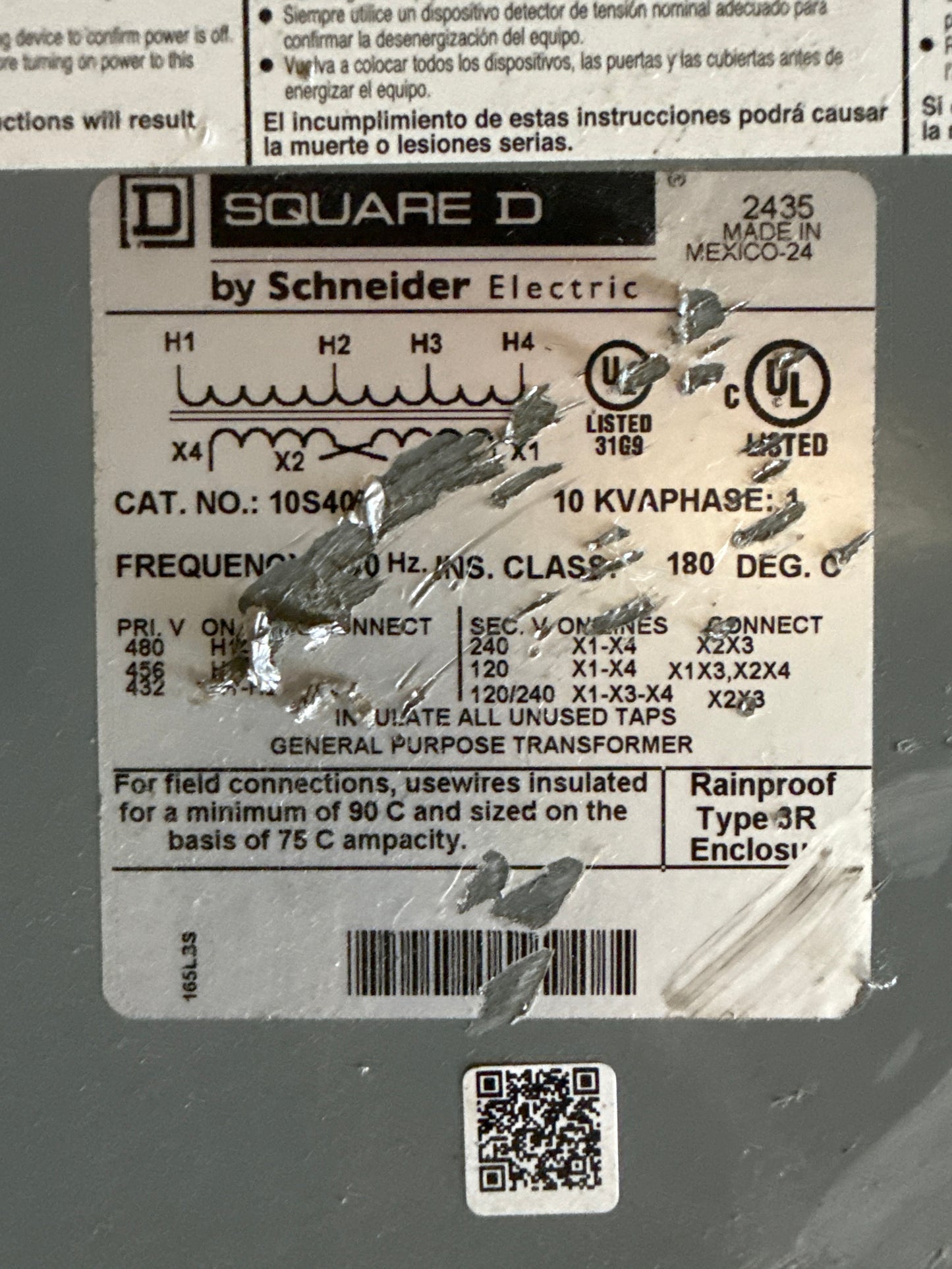 10KVA Transformer, Primary 480, Seconday 240 or 120 Volts 1 Phase (item#t11)