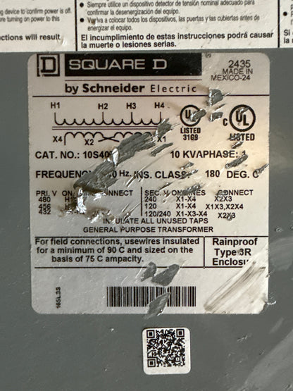 10KVA Transformer, Primary 480, Seconday 240 or 120 Volts 1 Phase (item#t11)