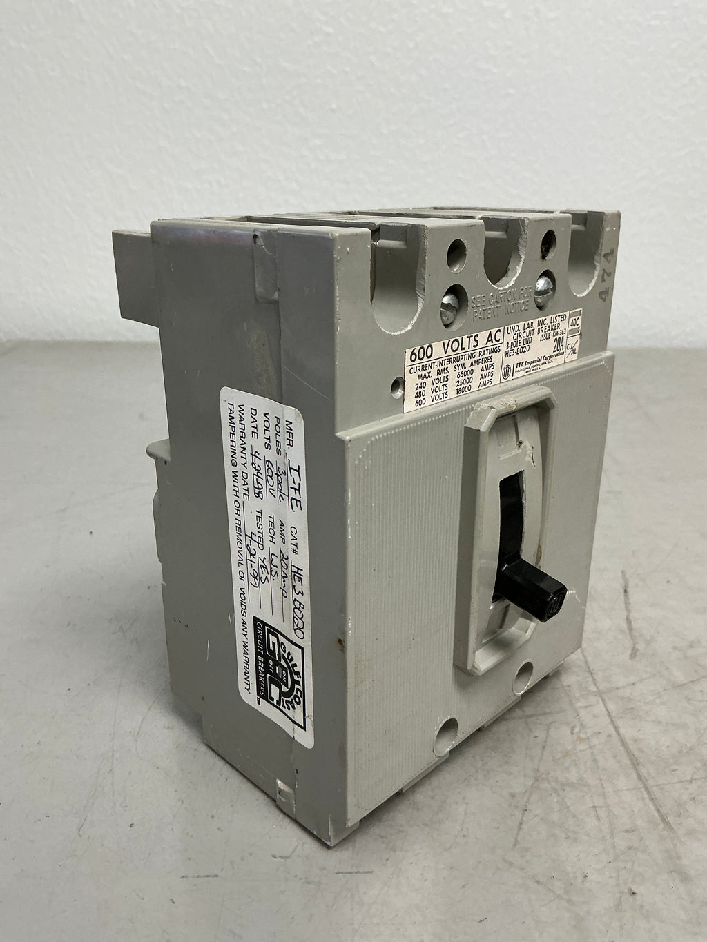 Used HE3B020 3 Pole, 20 Amps, 600 Volts