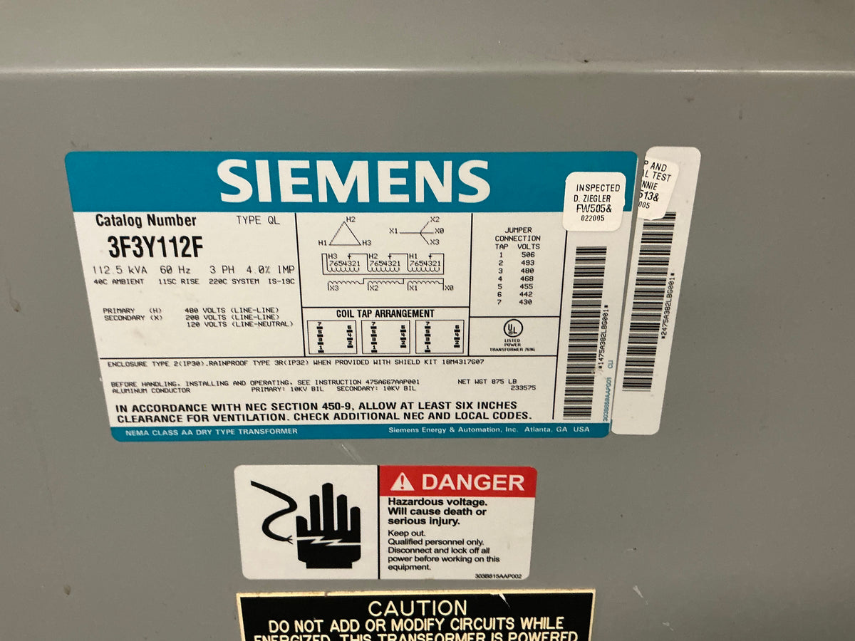 Used Siemens 3F3Y112F 112.5 KVA 3PH 480 Primary 208/120 Secondary Transformer