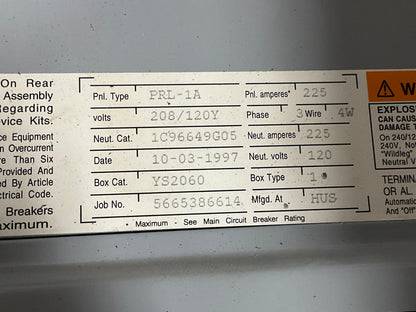 Used Cutler-Hammer Panelboard PRL-1A 225 Amp Main Breaker 208/120 Volt 42 Circuit (item#p3)