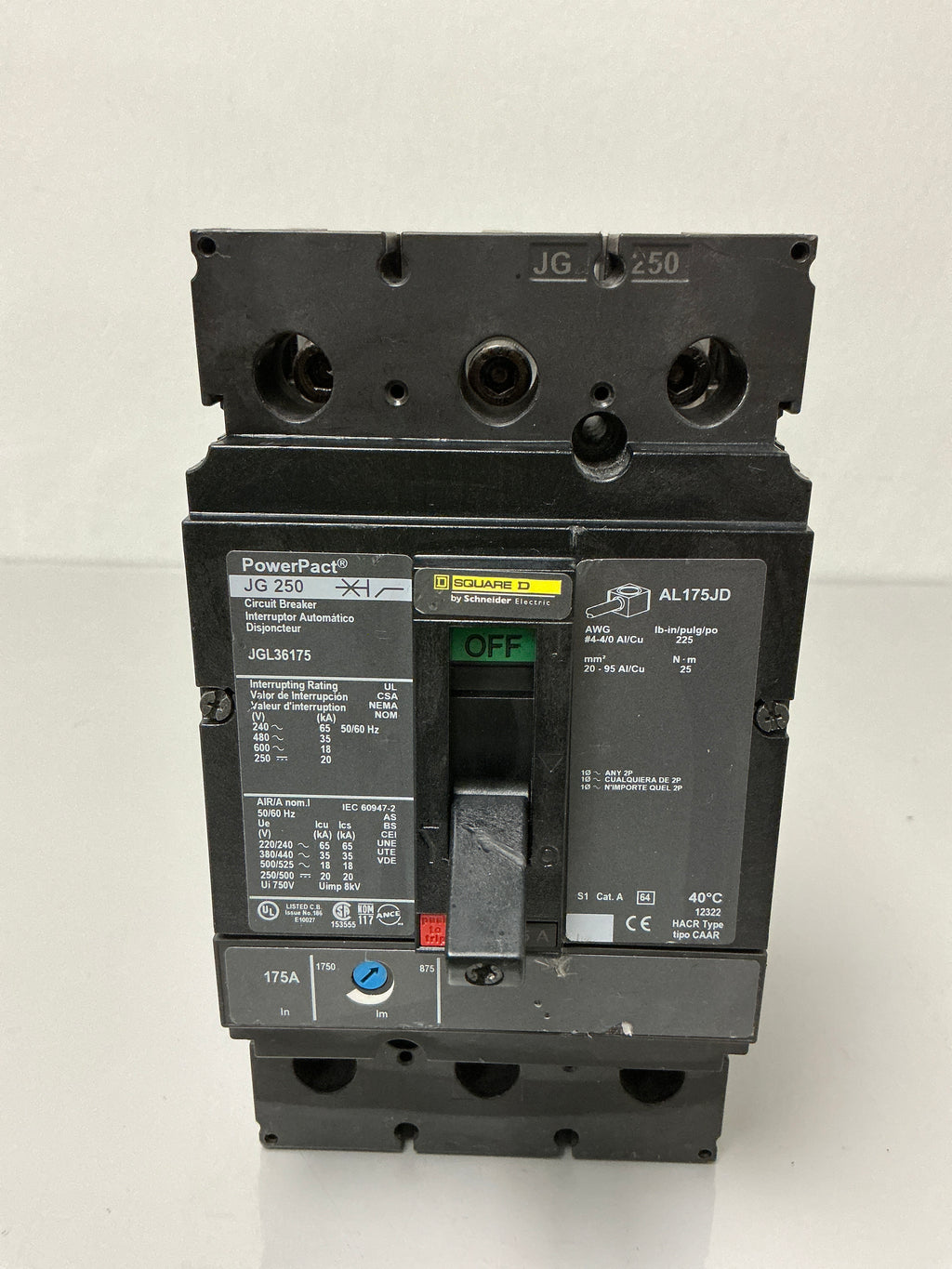 Used Square D JGL36175 3 Pole, 175 Amps, 600 Volts Circuit Breaker
