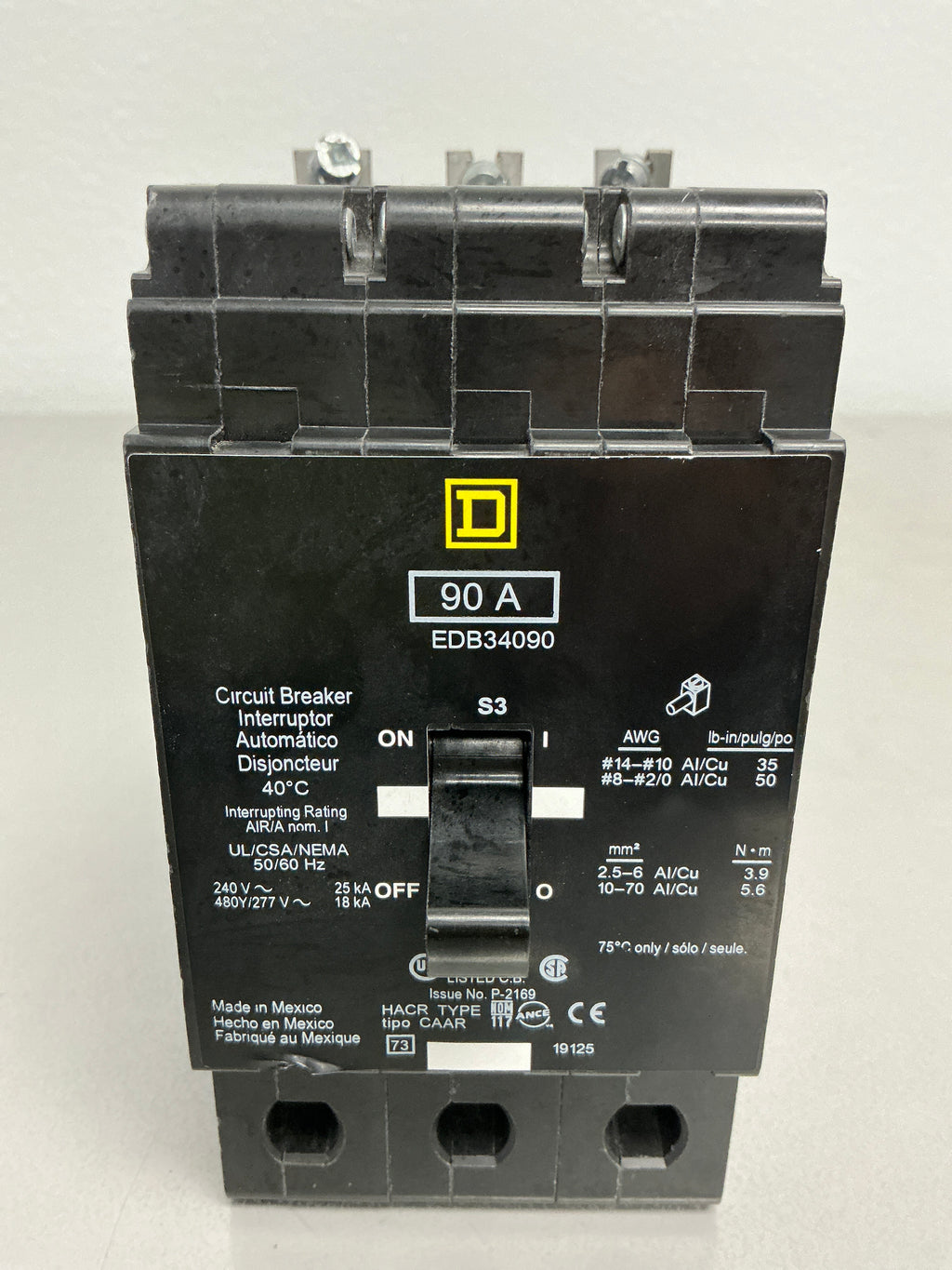 Used Square D EDB34090 3 Pole, 90 Amps, 480/277 Volts