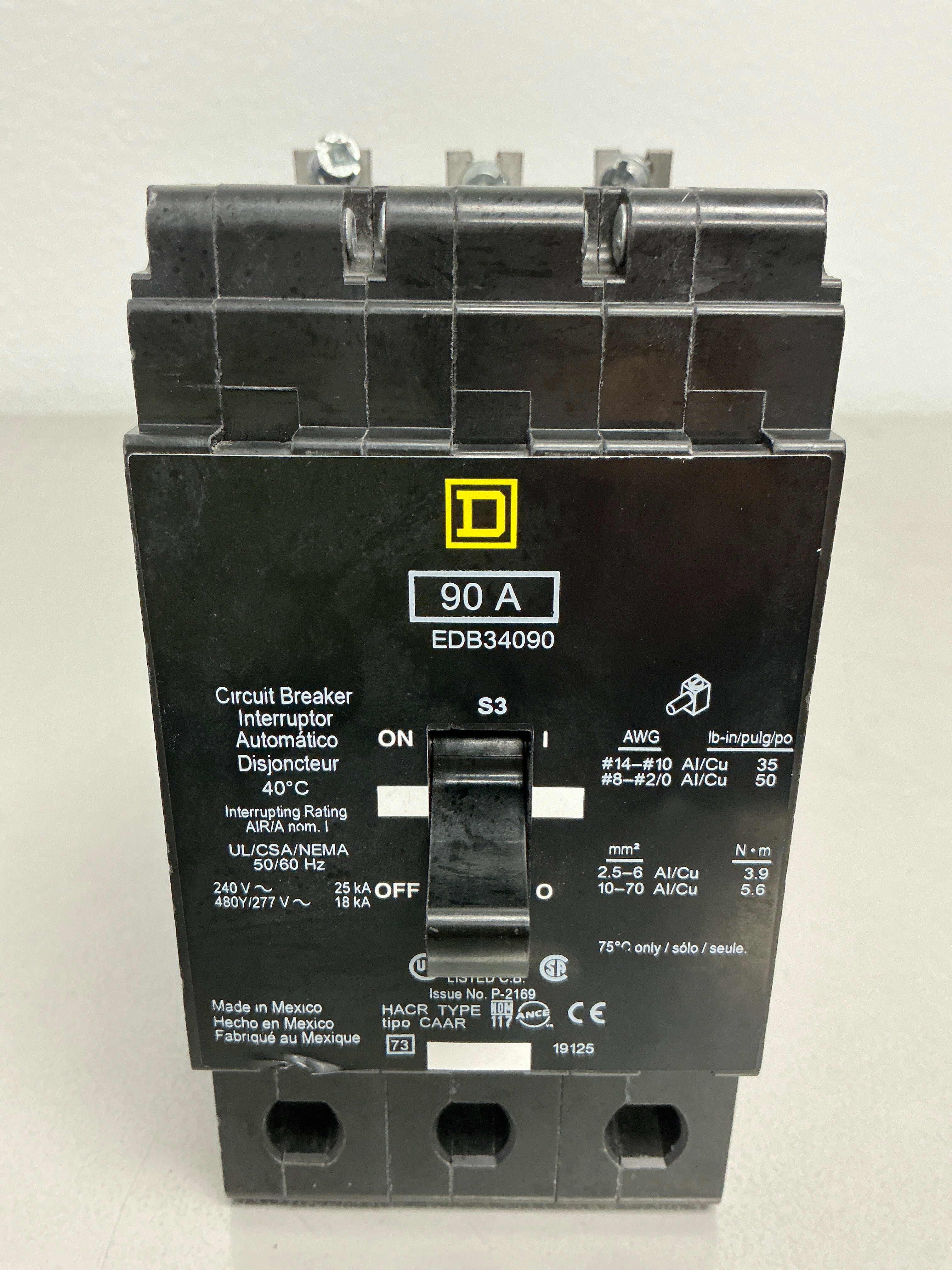 Used Square D EDB34090 3 Pole, 90 Amps, 480/277 Volts