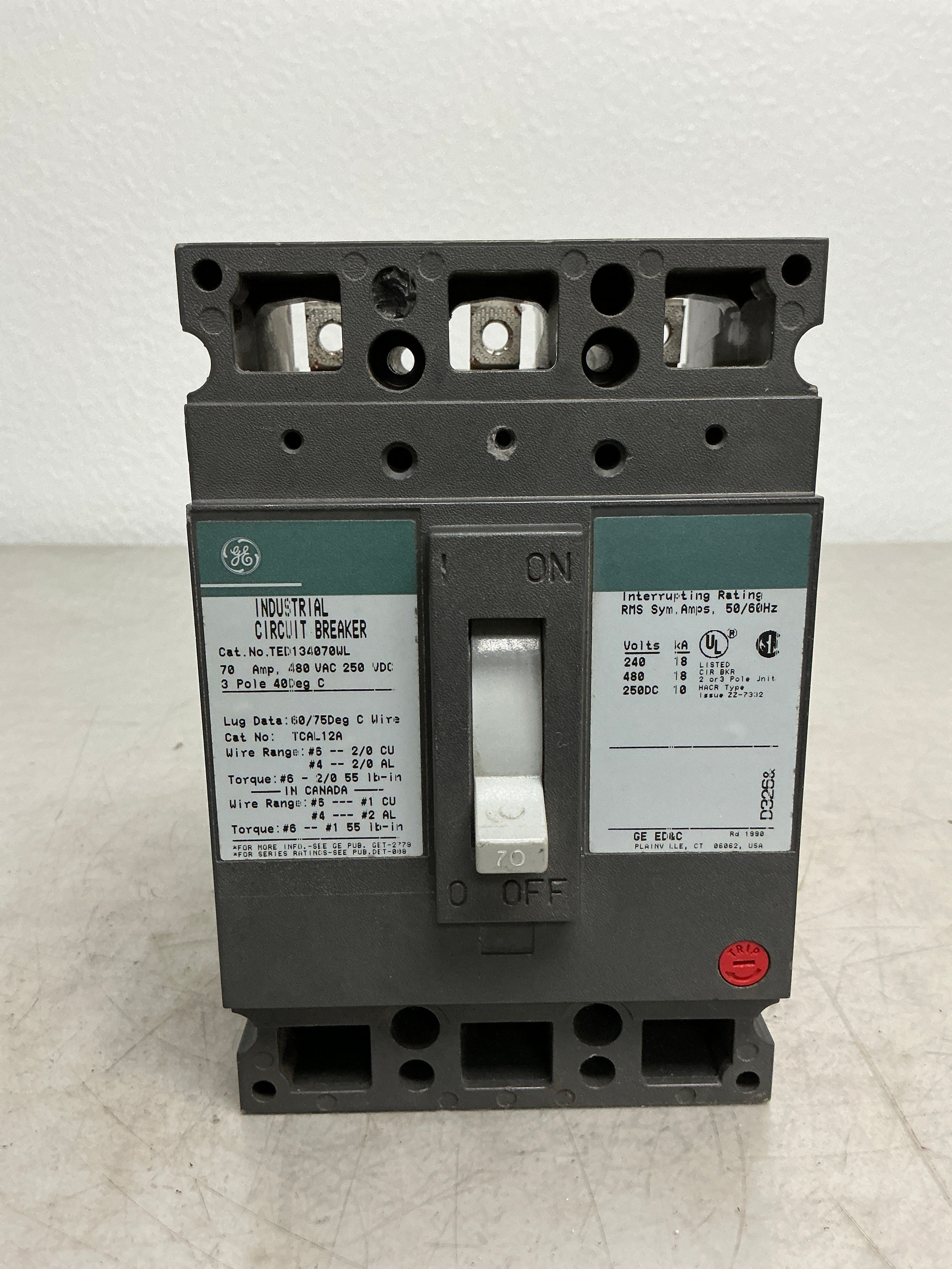 Used TED134070WL 3 Pole, 70 Amps, 480 Volts Circuit Breaker