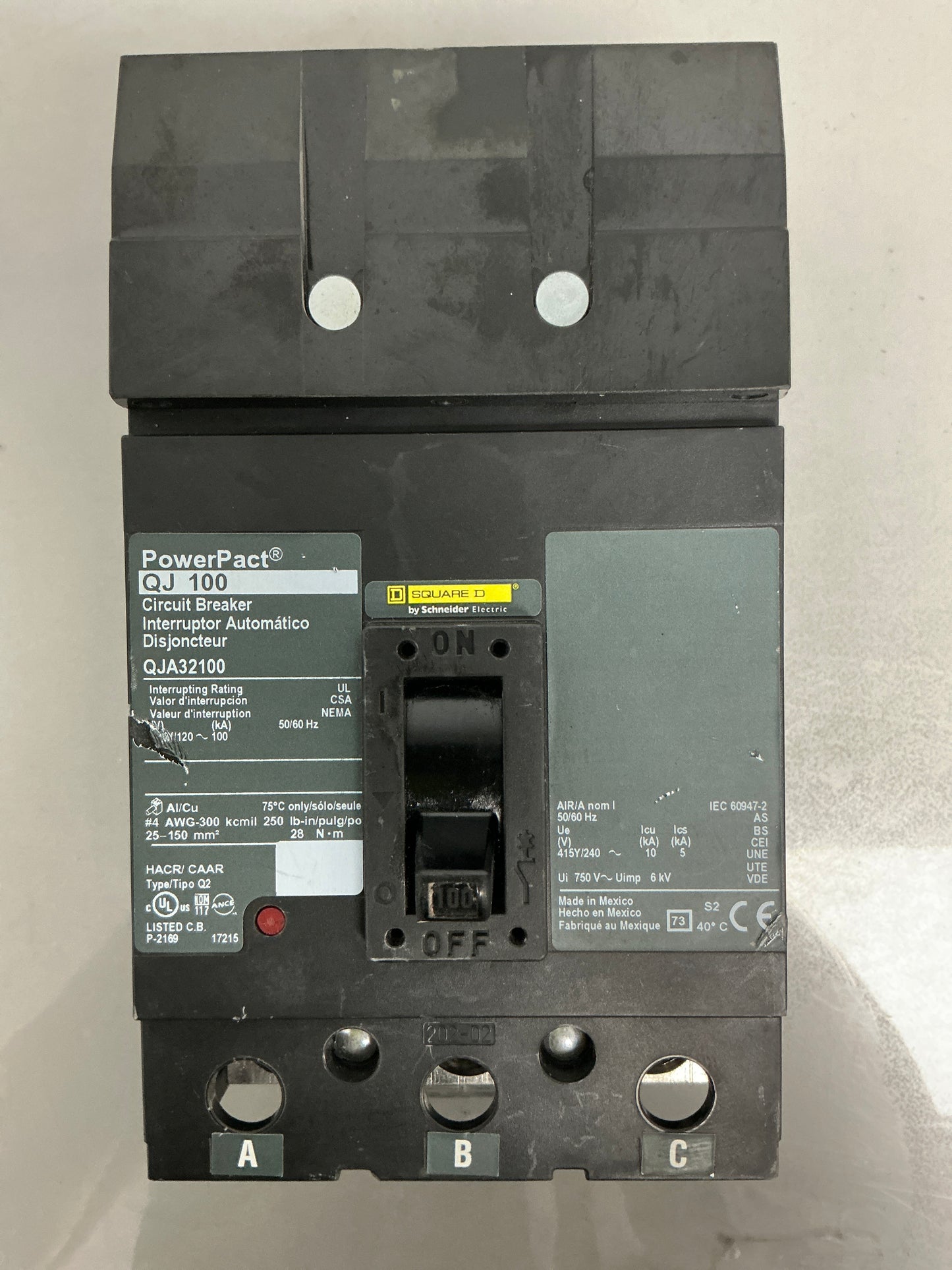 Used Square D QJA32100 240 Volts, 100 Amps, 3 Poles Circuit Breaker