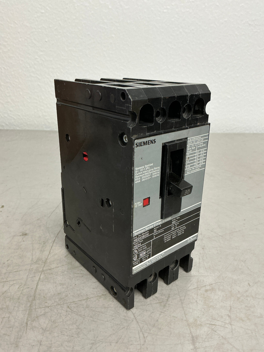 Used Siemens HED43B030 3 Pole, 30 Amps, 480 Volts Circuit Breaker