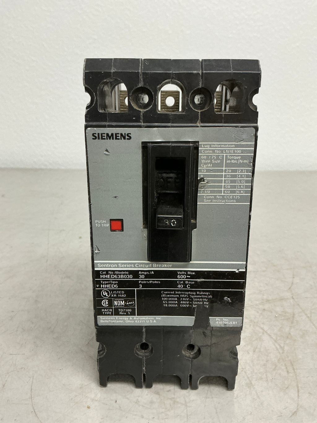 Used Siemens HHED63B030 3 Pole, 30 Amps, Circuit Breaker