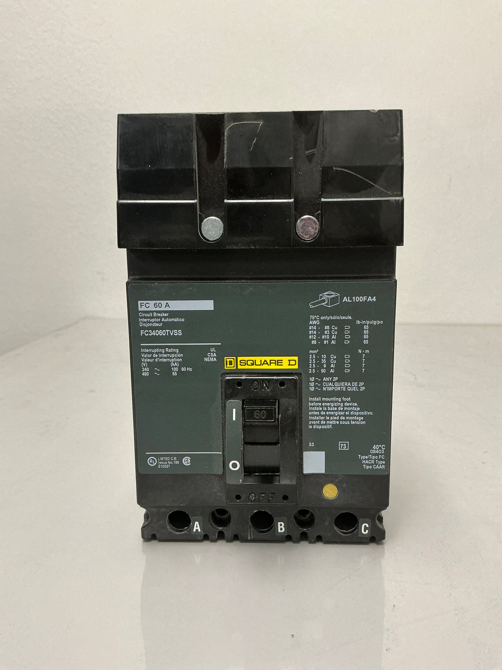 Used Square D FC34060TVSS 3 Pole, 60 Amps, 480 Volts Circuit Breaker