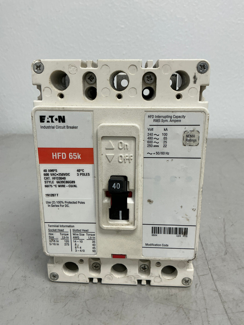Used Eaton HFD3040 3 Poles, 40 Amps, 600 Volts