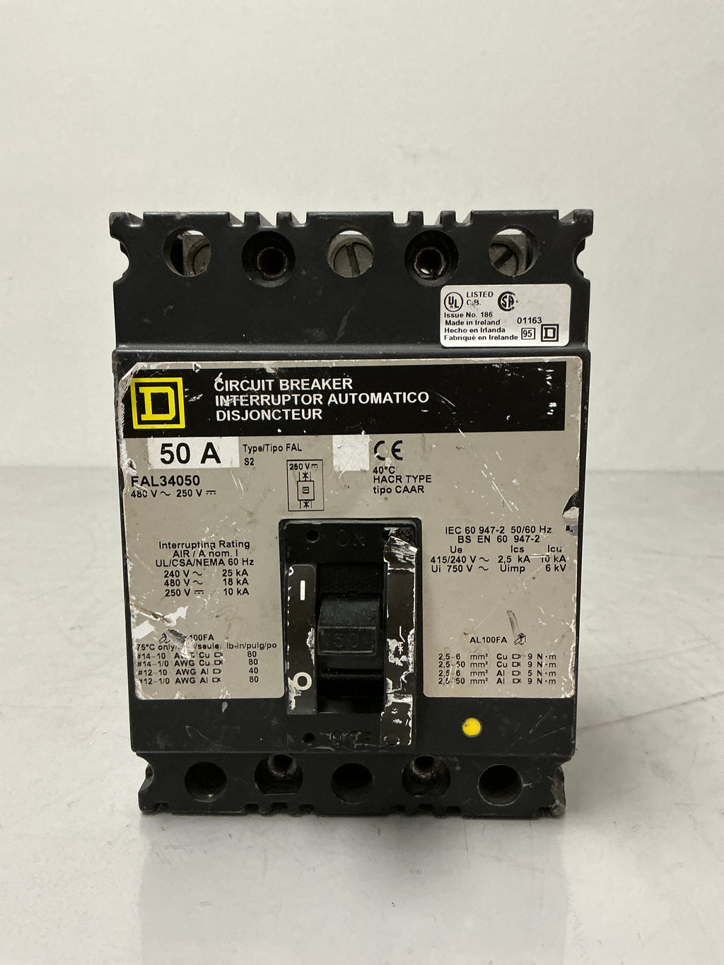 Used Square D FAL34050 3 Pole, 50 Amps, 480 Volts Circuit Breaker