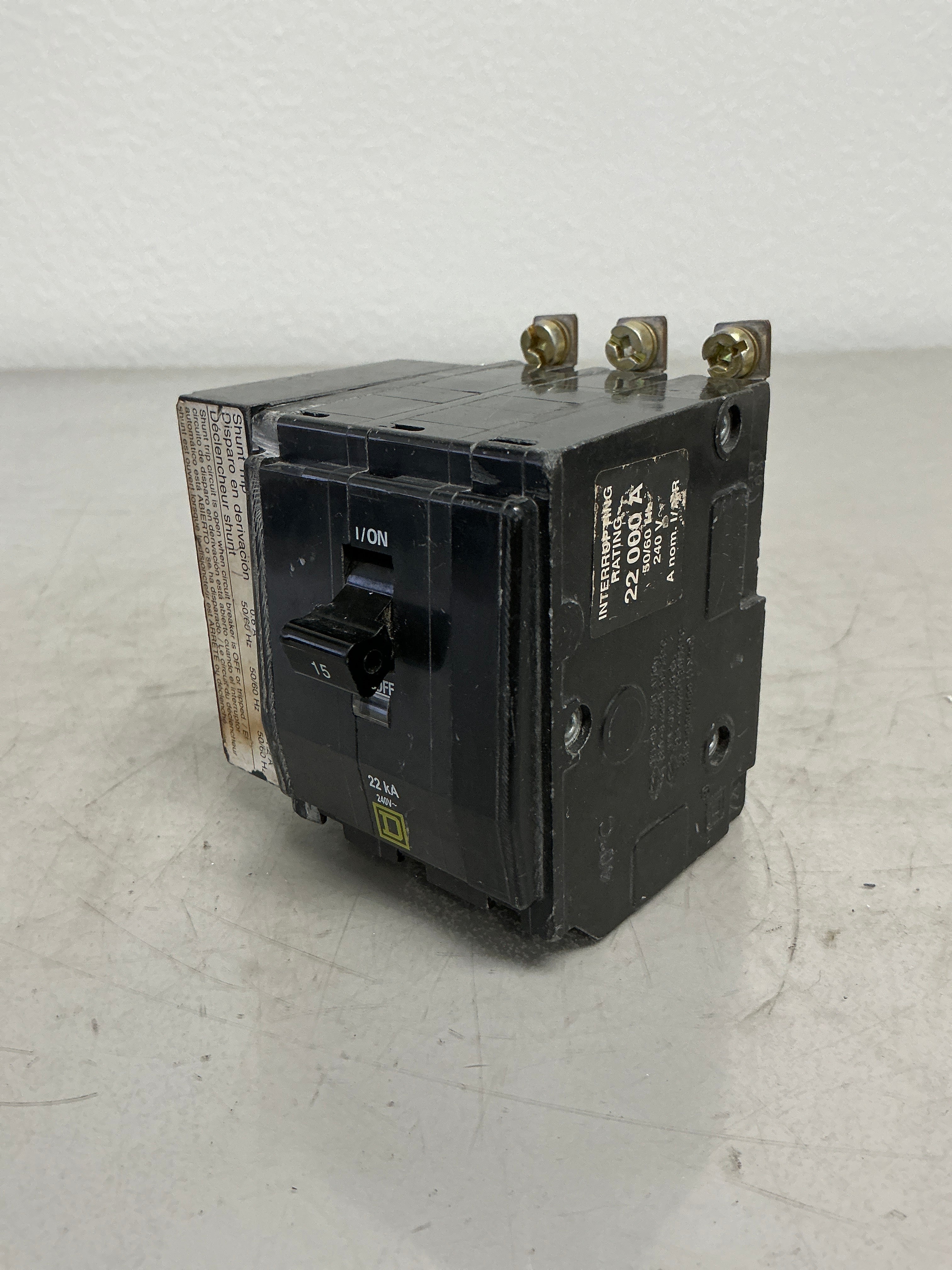 Used SquareD QOB3151021 (Shunt Trip) 3 Pole, 15 Amps, 240 Volts