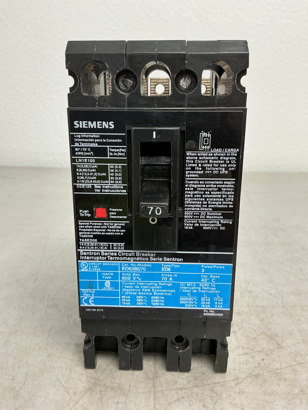 New Siemens ED63B070 3 Pole, 70 Amps, 600 Volts Circuit Breaker